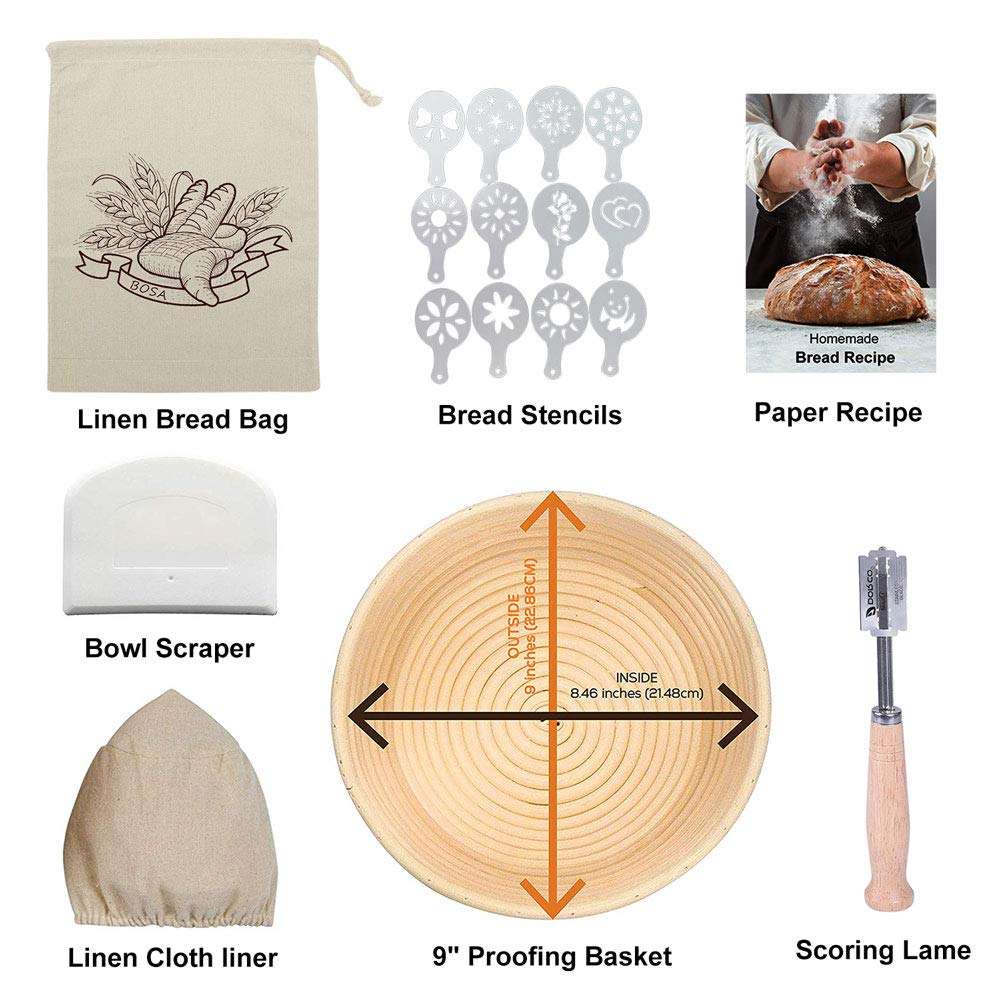 Banneton Bread Proofing Basket With Baking Tools, Round 9" Sourdough Bread Proofing Kit With Handmade Rattan Basket for Bread Baking, 7 pack Bread Making Tools Supplies Set for Home Bakers Starter 2