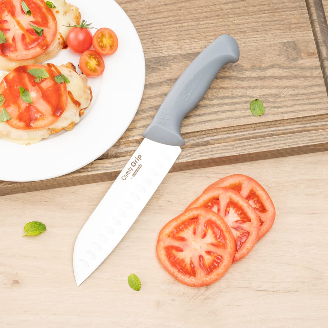 Restaurantware Comfy Grip Knife Set With Holder 1 Sharp 9-Piece Knife Set - Ergonomic Handle Non-Slip Grip Gray Stainless Steel Kitchen Knife Set Dishwashable Includes Knife Holder 5