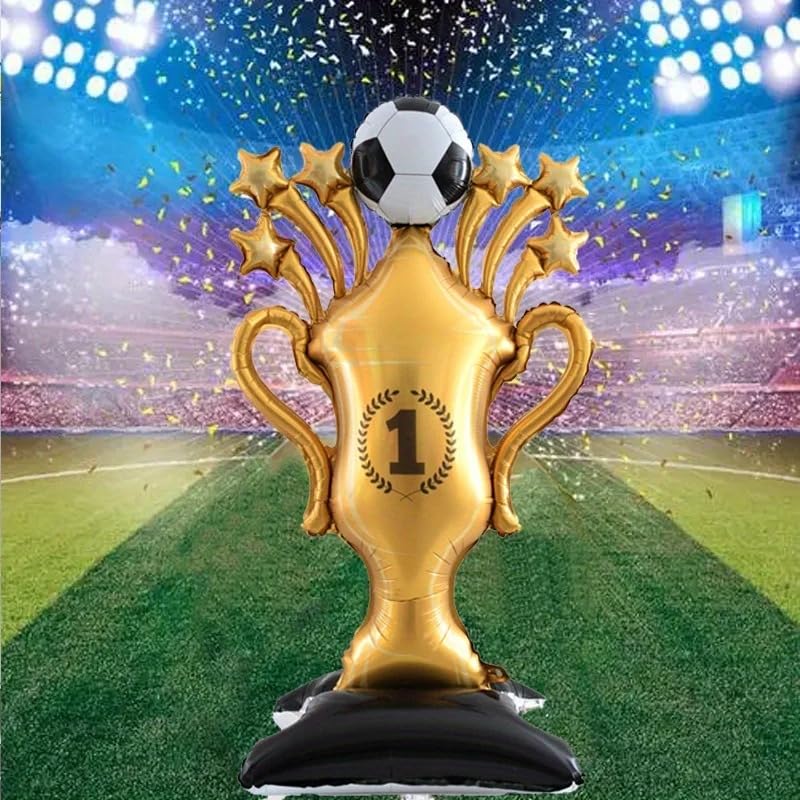 Atpata Funky 5 Feet Football Trophy Shape Self Standing Foil Balloon with Balloon Base – Giant Gold Champion Cup Balloon for Football Lovers Birthday, Match Day, Sports Event & Turf Party 4