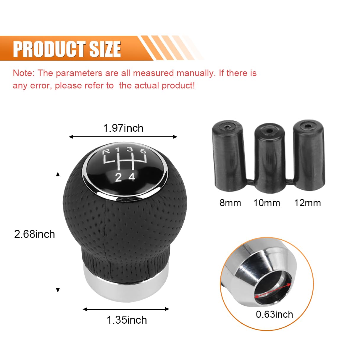 Car Shift Knob - 5 Speed Transmission Head, Black Leather Handle, Universal Lever Kit for Automatic or Manual Gear (Black 5-Stop R, Round) 3