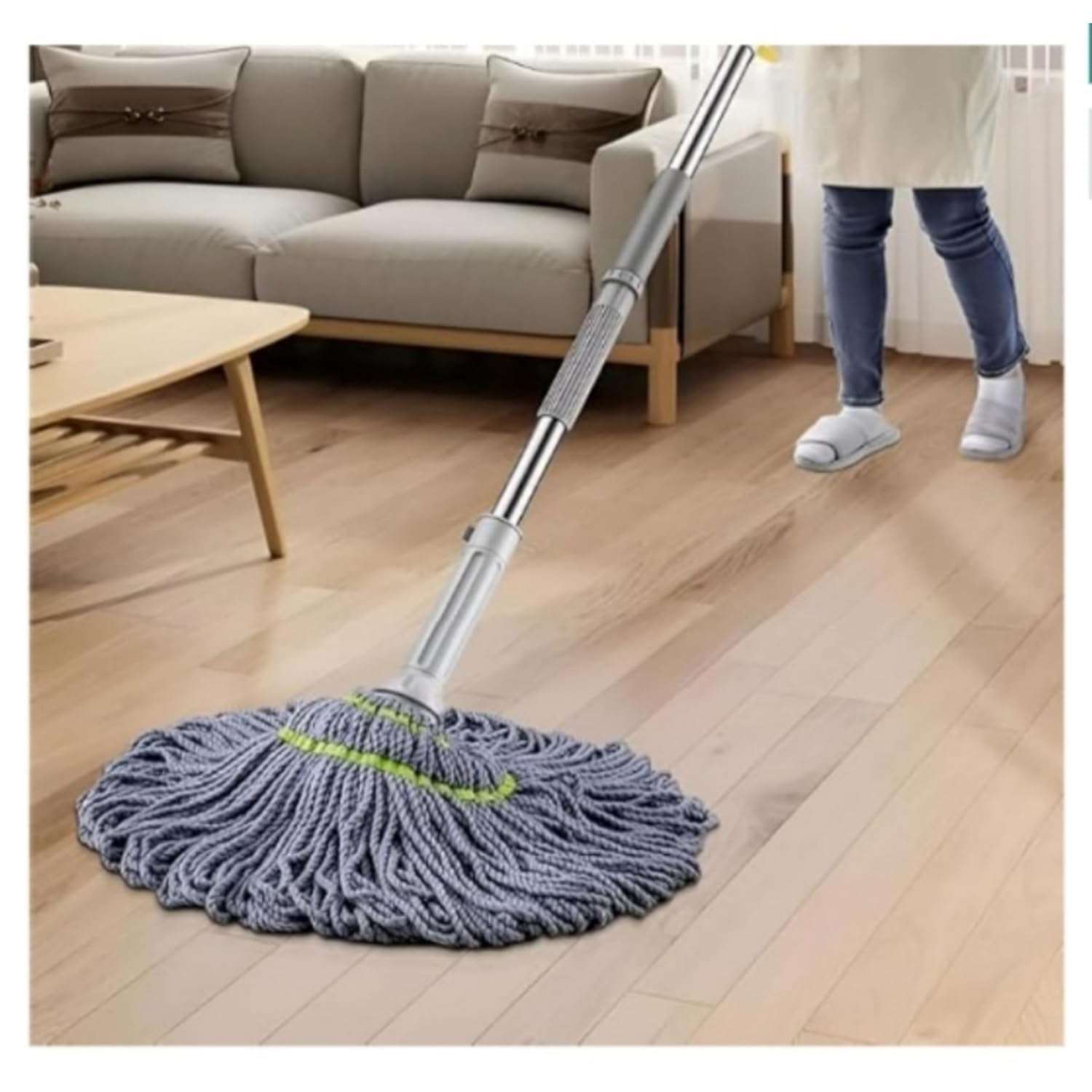 VEDASY INTERNATIONAL Microfiber Twist Mop with Extendable Handle, Grey and Neon Green Stripes, Self-Wringing 3