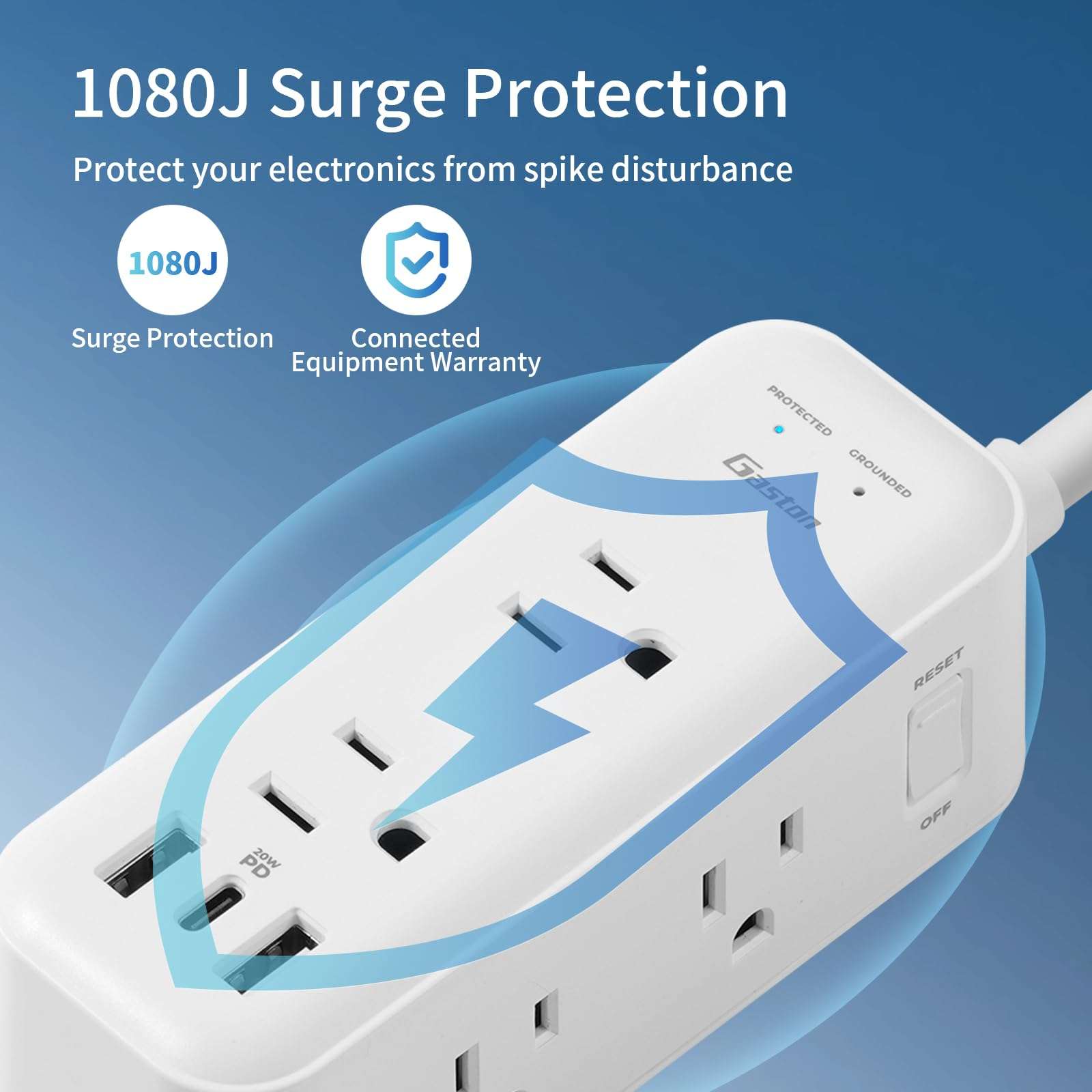 Gaston Surge Protector Power Strip - 10 Ft Plug Extension Cord, 4 Widely Outlets, 3 USB Ports(1 USB C), 2 Side Outlet Extender for Home Office, White, ETL 6