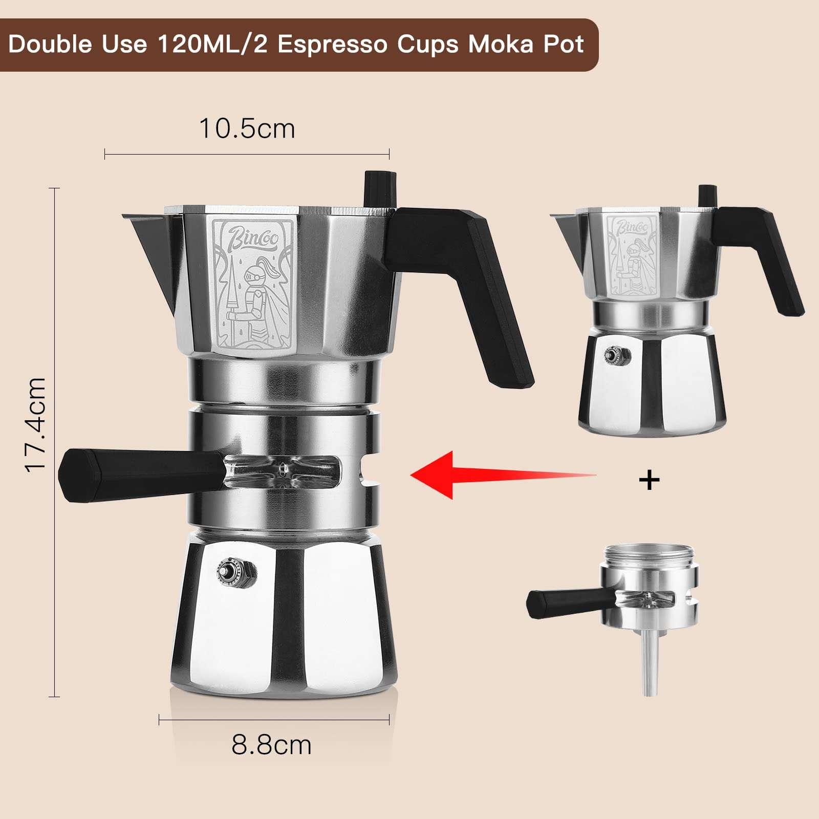 Bincoo 120ML/2 Cup Stovetop Espresso Maker Double Valve Moka Pot with Thermostat Extractor,Italian Espresso Moka Pot with Powder Dispenser and Filter Paper for Home,Silver 5
