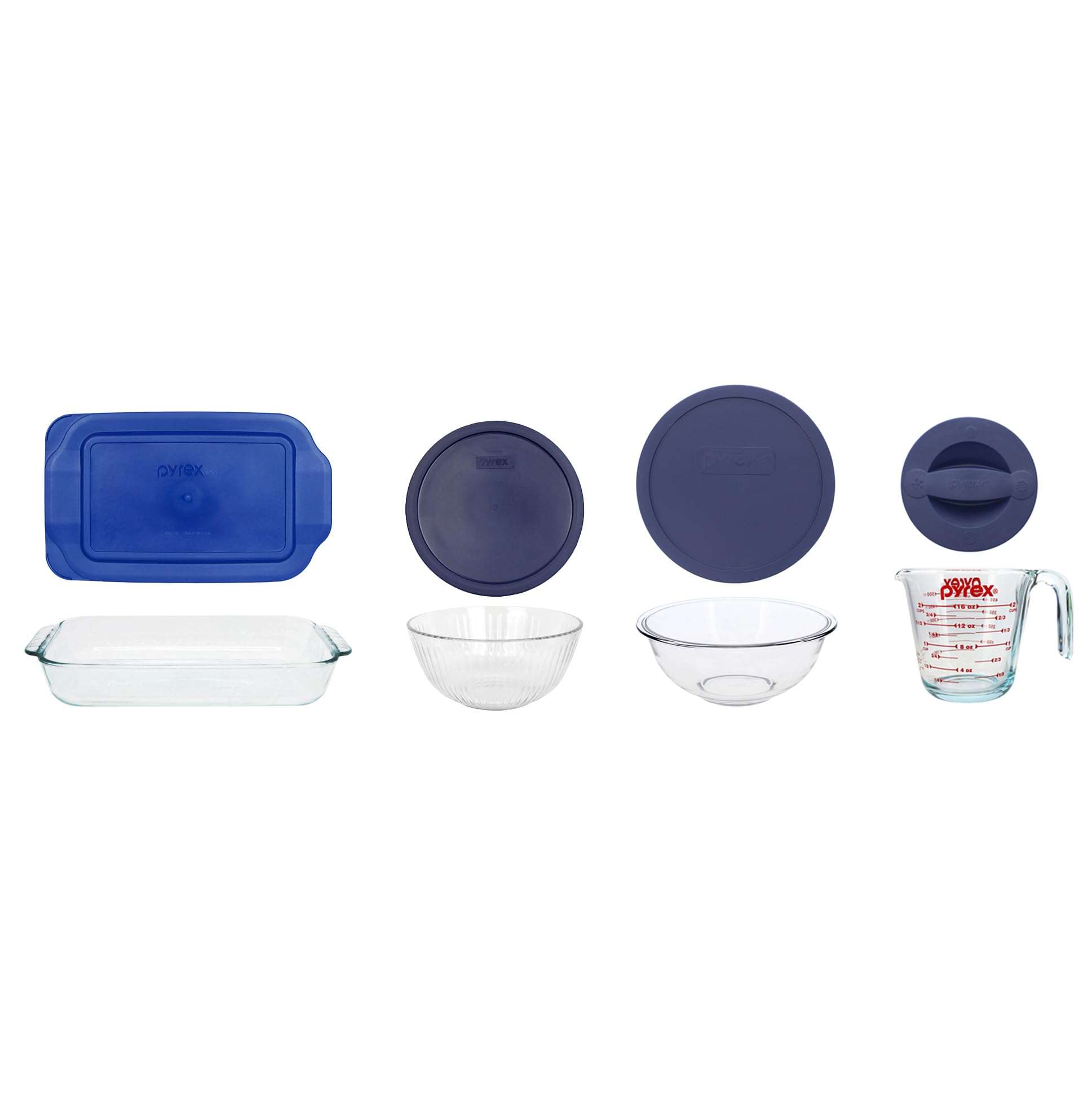 Pyrex 2qt Dish with Blue Lid, 10 Cup/2.5L Sculpted Mixing Bowl, 2.5qt Mixing Bowl with Cadet Blue Lid, 2 Cup Glass Measuring Cup with Dark Blue Lid 1