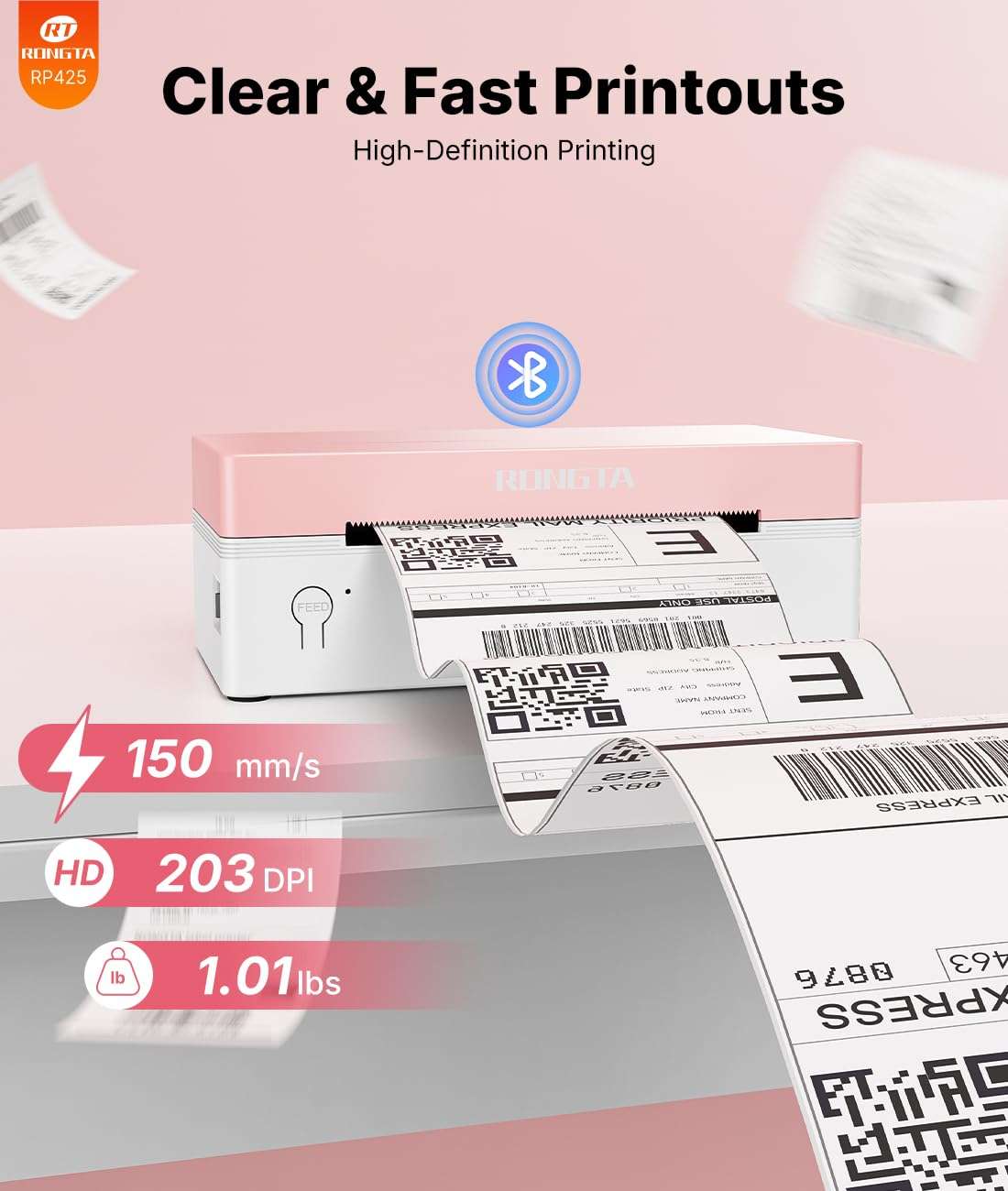 Rongta 4x6 Bluetooth Thermal Label Printer, Wireless Shipping Label Printers for Shipping Packages Small Business Office or Home, Compatible with iPhone Android iPad macOS Windows, Pink 4