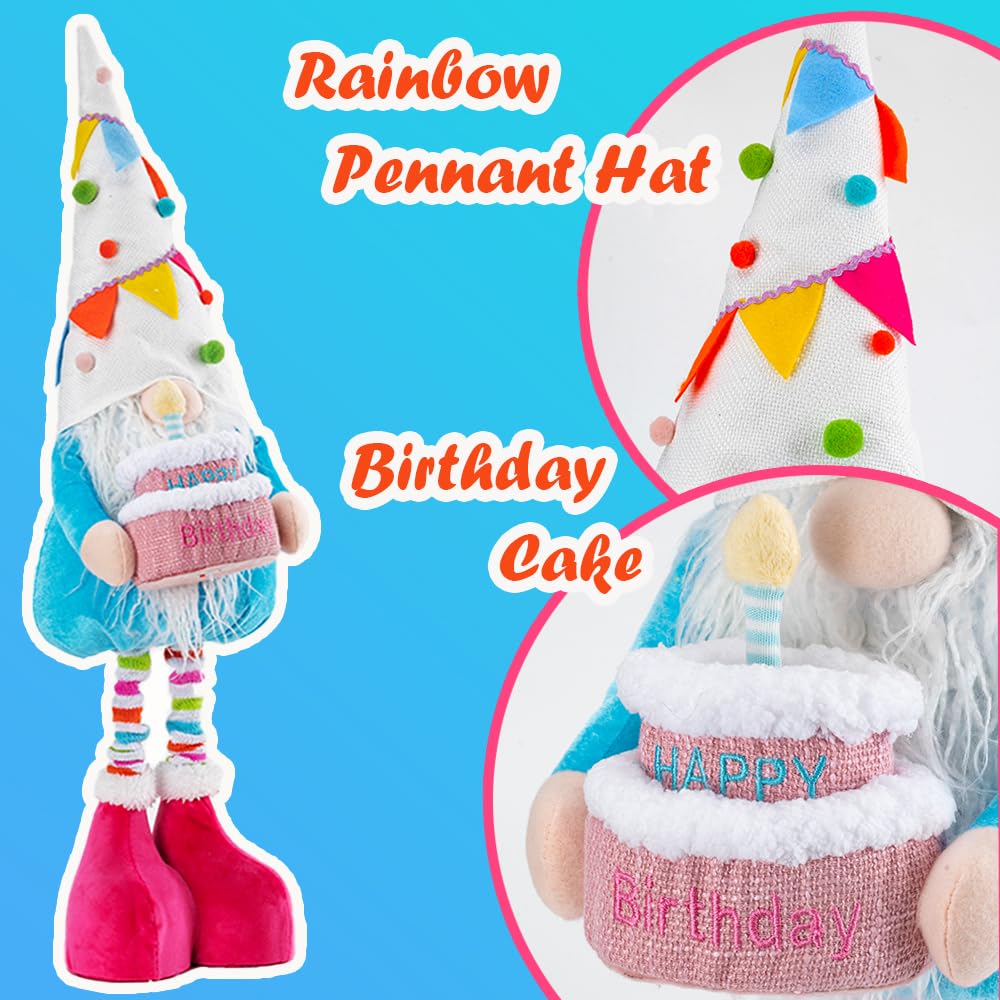 unanscre Large Birthday Gnome Plush Elf Decoration - 26’’-35’’ Standing Happy Birthday Gnome w/Retractable Spring Legs Handmade Rainbow Pennant Hat Hold LED Light Cake, Gnome Gifts for Women Mother 4