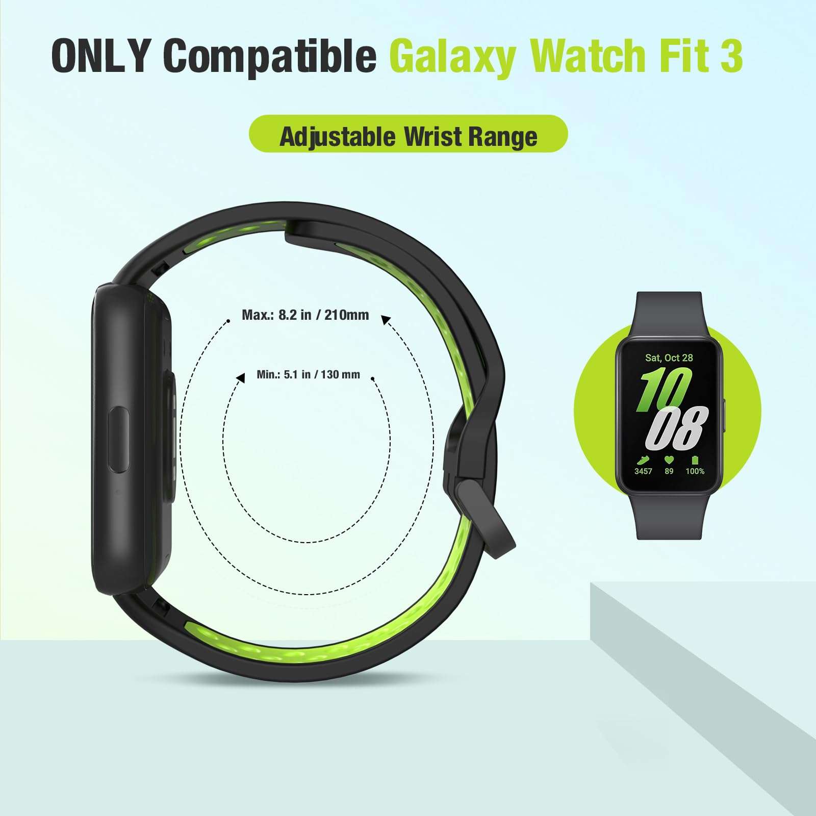 Sports Watch Band for Samsung Galaxy Fit 3, Two-color Perforated Breathable Replacement Wristband for Men and Women, Black Lime 3
