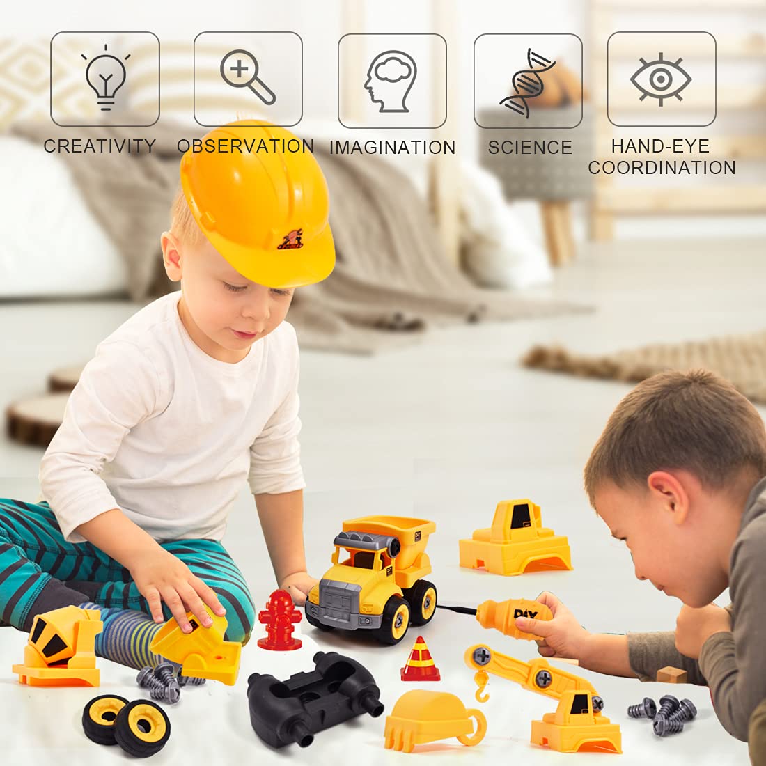Take Apart Truck Construction Toys with Electric Drill, 4 in 1 Kids STEM Engineering Building PlaySet,Build Excavator,Crane,Truck,Mixer with Construction Hat,Traffic Signs Gift for Boys Kids Aged 3+ 5
