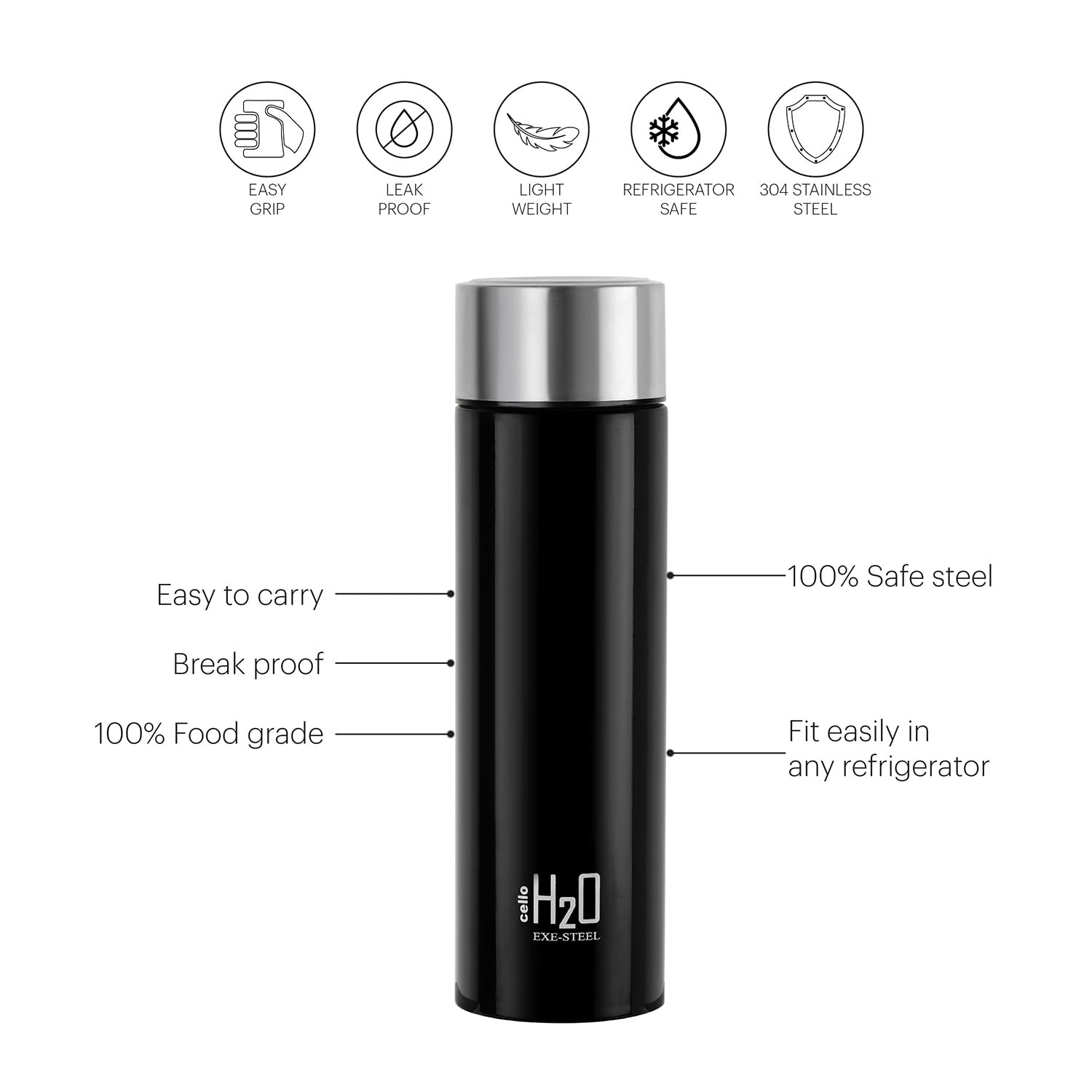 Cello H2O Stainless Steel Water Bottle, 1L, Black 4