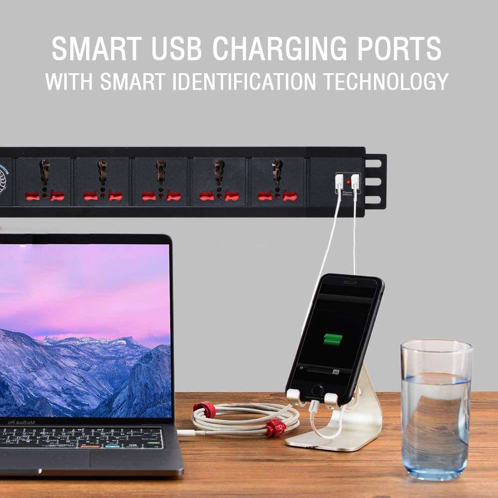 MX 5 Universal Sockets Surge Protector 16 Amp with Child Safety Shutter and Switch + 2 Port USB Charger (2.1A) with Spike Suppressor MOV 5 MTR 5