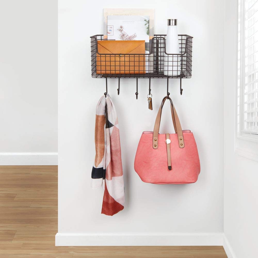 INDIAN DECOR 21111 Metal Wire Farmhouse Wall Decor Storage Organizer Basket with 6 Hooks for Entryway, Hallway, Mudroom, Bedroom, Bathroom, Laundry Room - Wall Mount - Black 2
