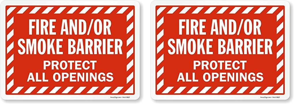 SmartSign Adhesive Vinyl Label, Legend "Fire and/or Smoke Barrier", 10" high x 14" wide, White on Red (Pack of 2)