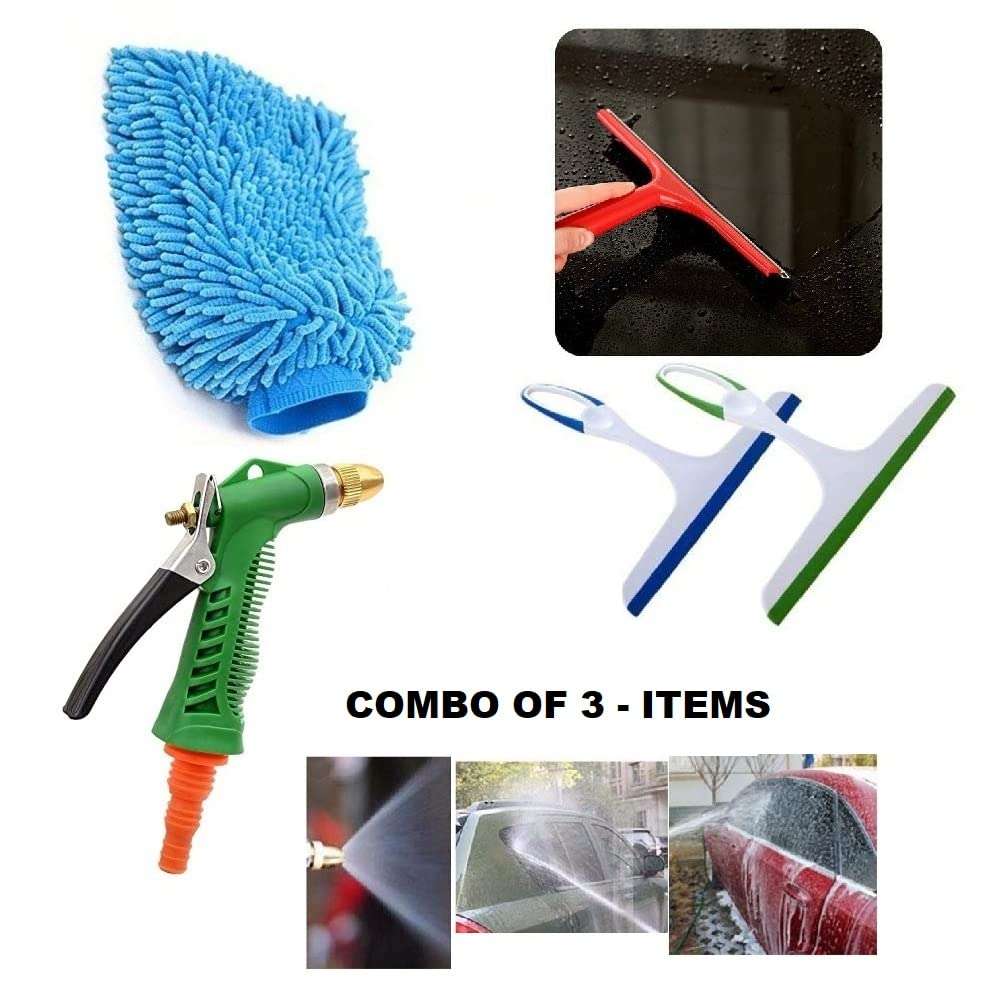 Combo of 3 Car Washing Water Spray Shower with Microfiber Cloth Glove & Glass Cleaning Mini Wiper Universal Random Colour Suitable for Chevrolet Enjoy 5