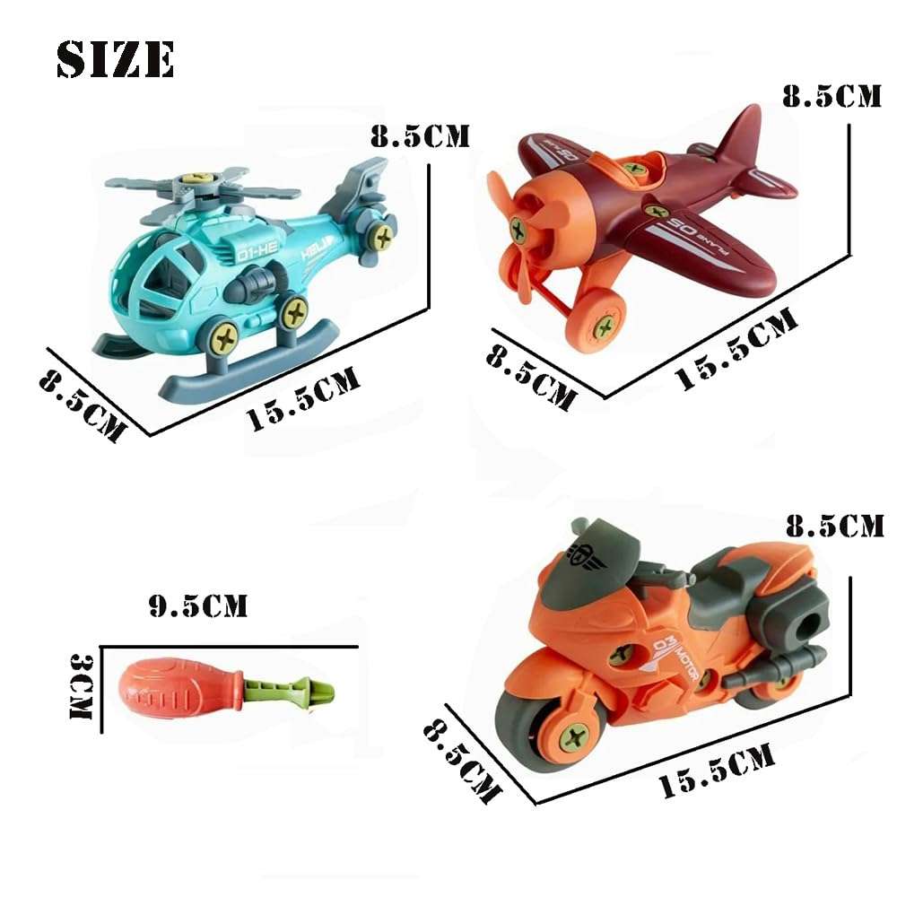 DUWOL DIY Police Vehicle Play Set Toy 3 Pack Cars with 1 Screwdriver Tools, Kids Stem Toys Including 1 Helicopter, 1 Air Jet, 1 Sport Bike, for Toddlers Birthday Gifts for Boys 3