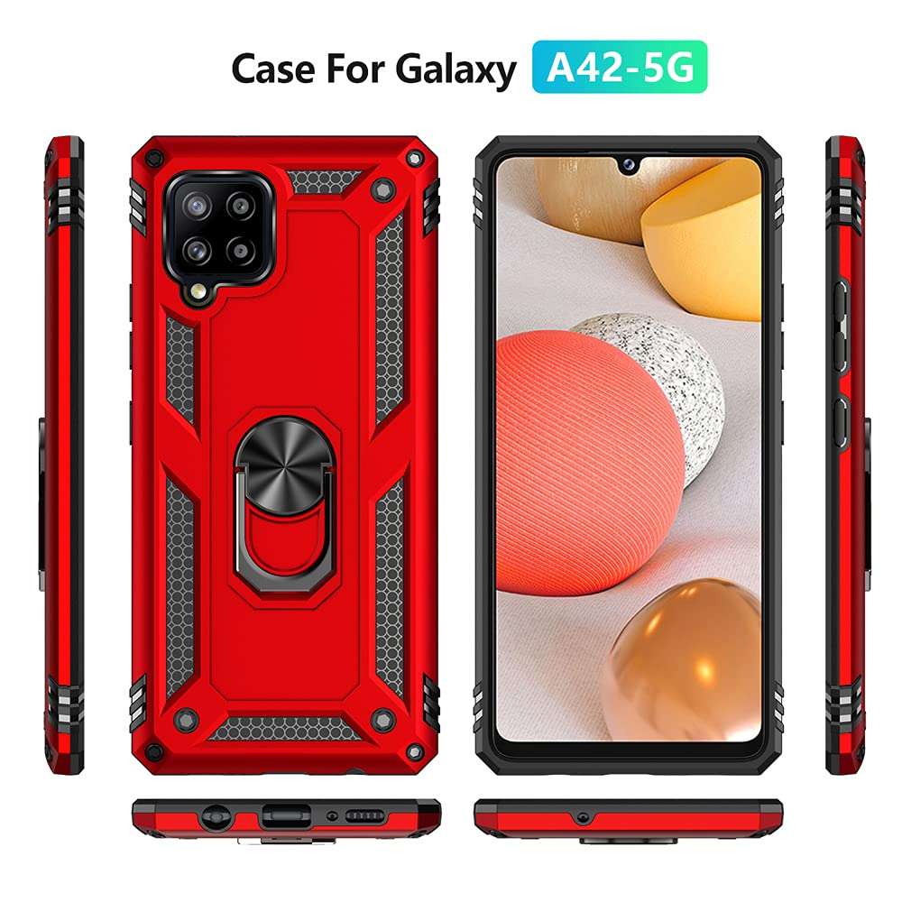 YZOK for Galaxy A42 5G Case,with HD Screen Protector,[Military Grade] Ring Car Mount Kickstand Hybrid Hard PC Soft TPU Shockproof Protective Case for Samsung A42 5G (Red) 2