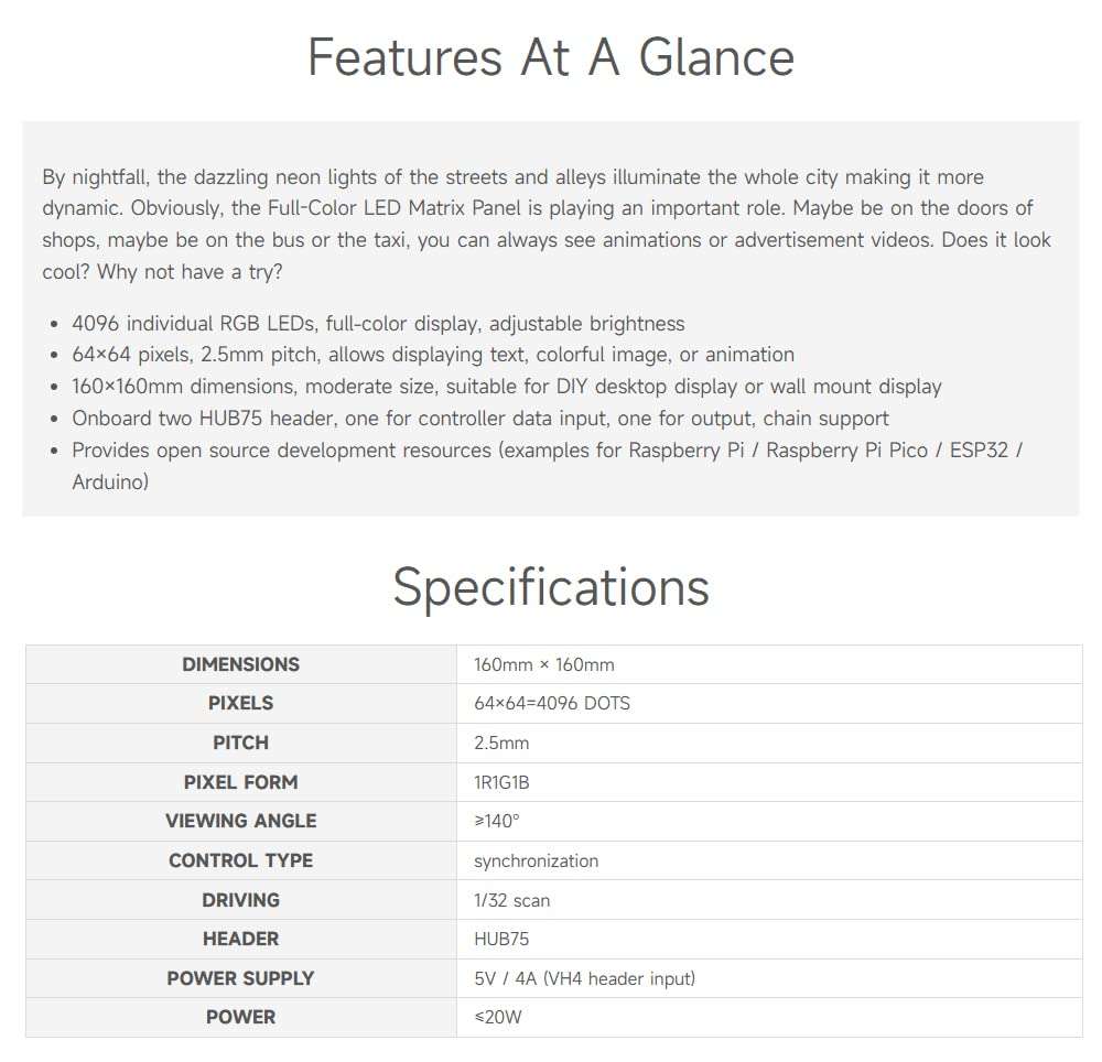 Waveshare RGB Full-Color LED Matrix Panel, 2.5mm Pitch, 64×64 Pixels, Adjustable Brightness, Compatible with Raspberry Pi 5/4B/3B/Zero/Zero W/Zero 2W/Pico/Pico W/Pico WH 4