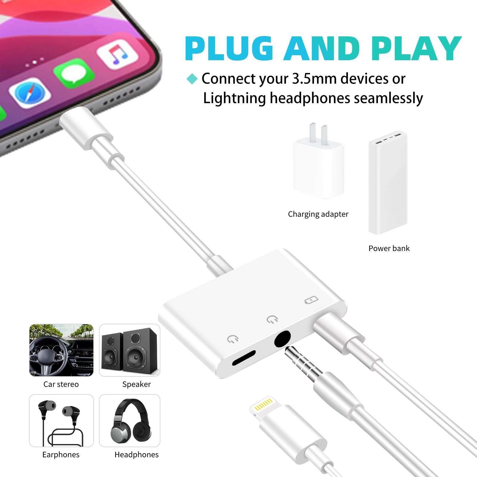 3.5mm Headphone Splitter for iPhone iPad 3 in 1 Earphone Jack Adapter with Fast Charging Lightning Audio Jack Connector Compatible for iPhone 14 13 12 11 X XR XS 8 7 iPad 2