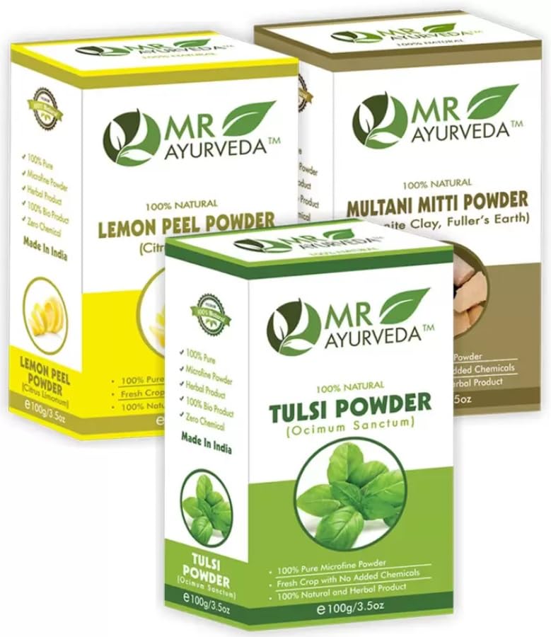 MR Ayurveda Multani Mitti Powder, Tulsi Powder & Lemon Peel Powder for Skin Care - Pack of 3 (100 Grams Each)
