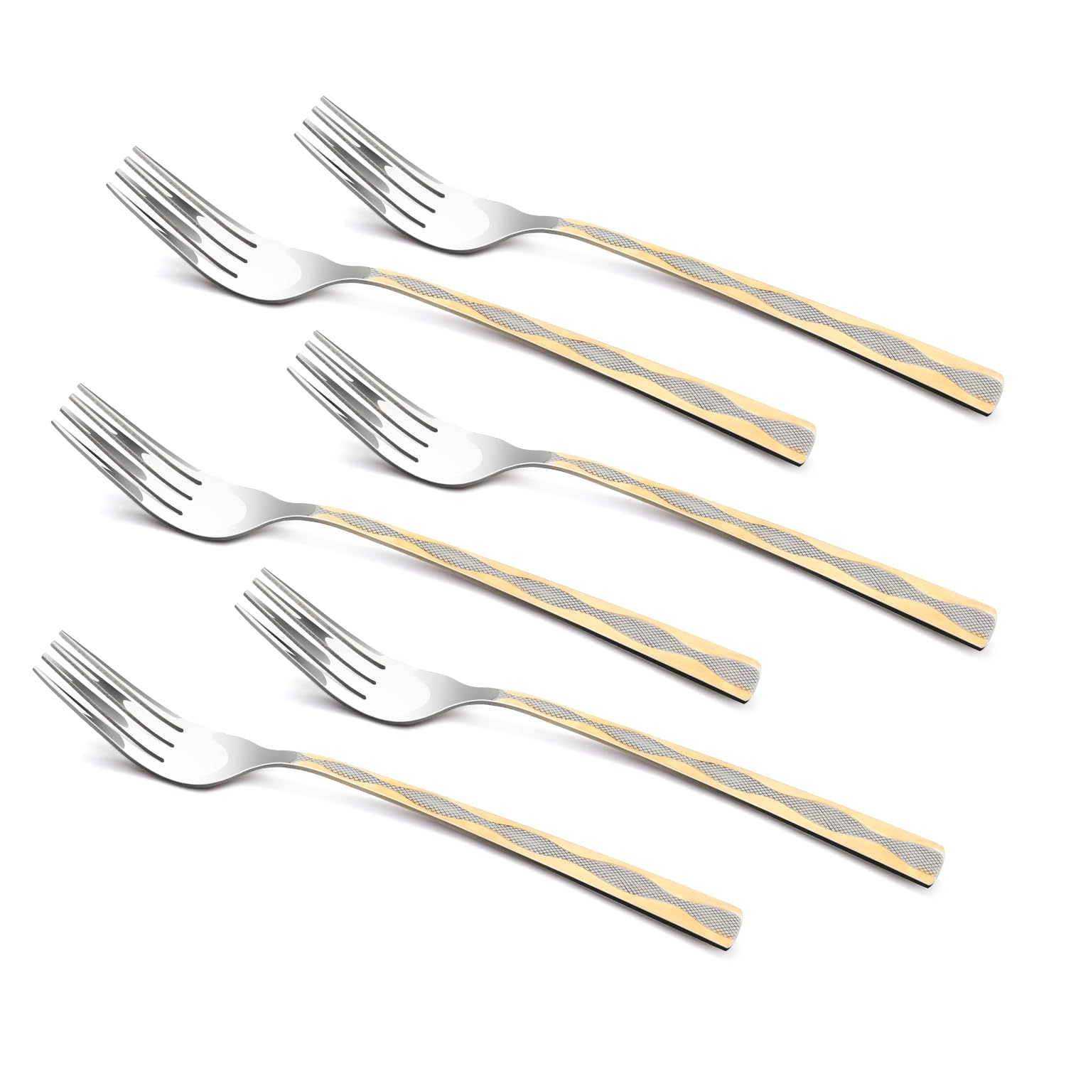 Bergner BE Essentials Tosca Stainless Steel 6 Pcs Dinner Fork Set, 19.5cm Fork, 24k Gold Plating Premium Fork for Home and Kitchen, Durable, Stain Resistant, 2mm Thickness - Silver/Golden