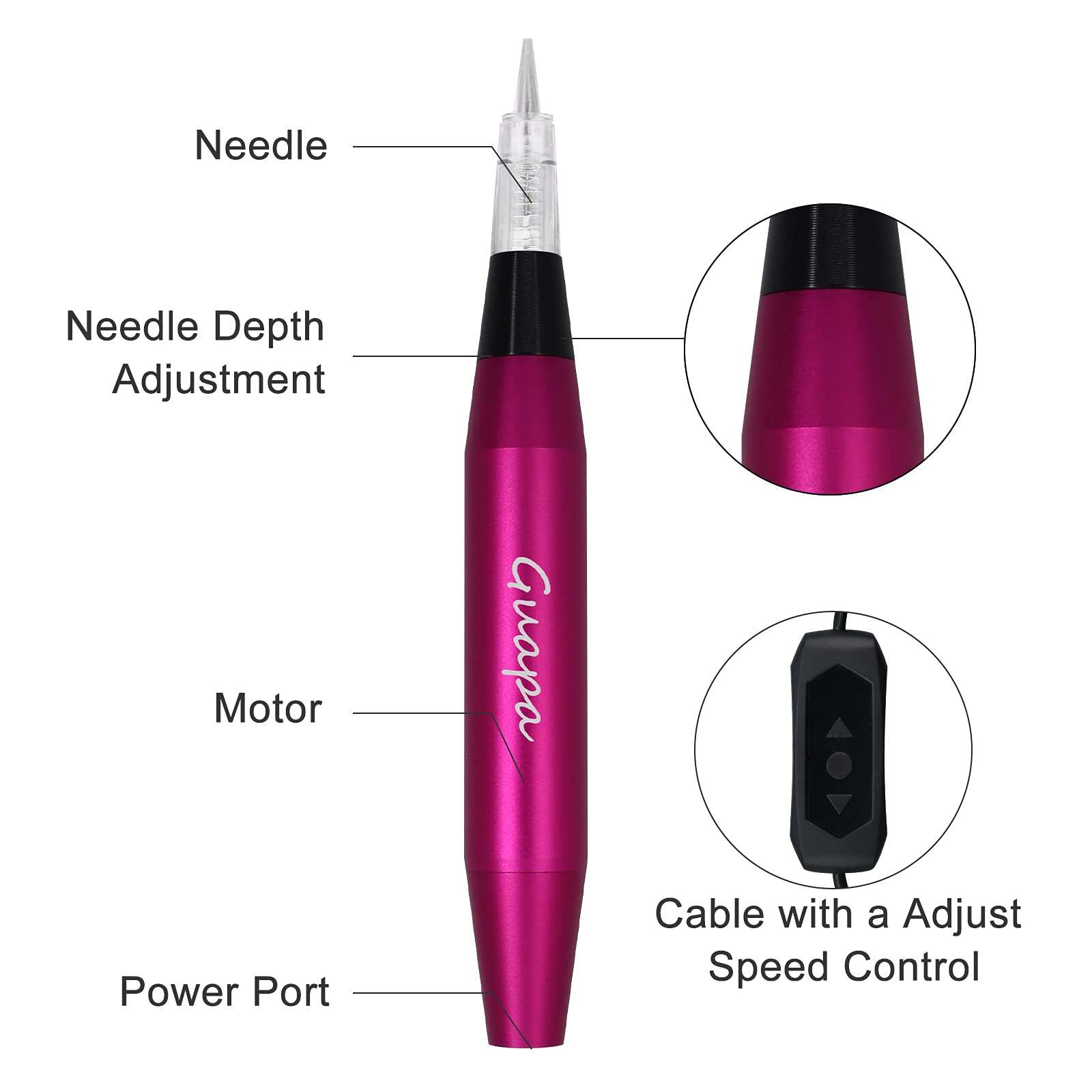 Guapa Portable Permanent Makeup Pen Machine - Lightweight, Ergonomic, Adjustable Needle Length for Professional Eyebrow, Eyeliner, Lip, and Body Art Beauty (Red) 3