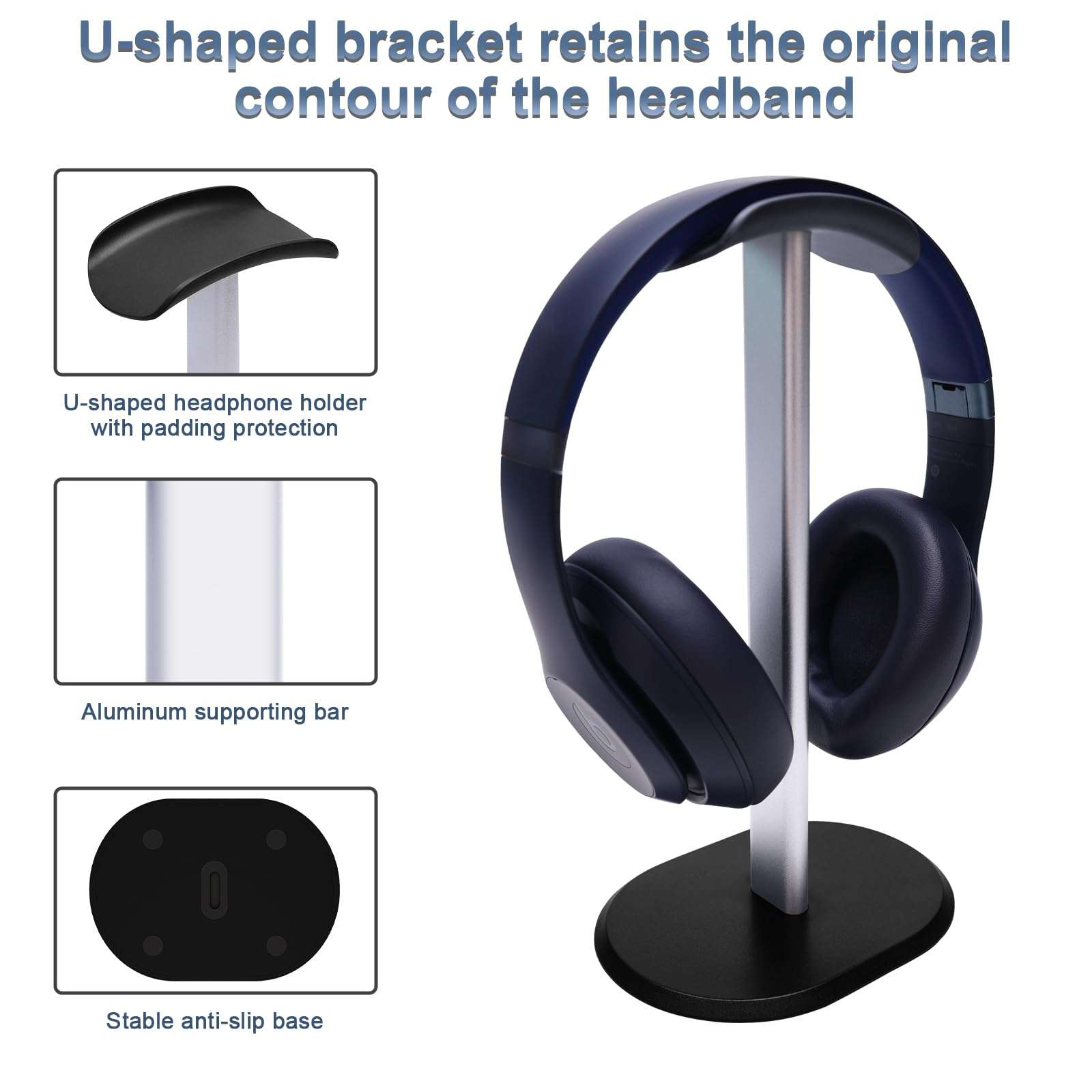 New Headphone Stand Headset Holder Earphone Stand with Aluminum Supporting Bar Flexible Headrest Solid Base for All Headphones Size (Silvery) 5