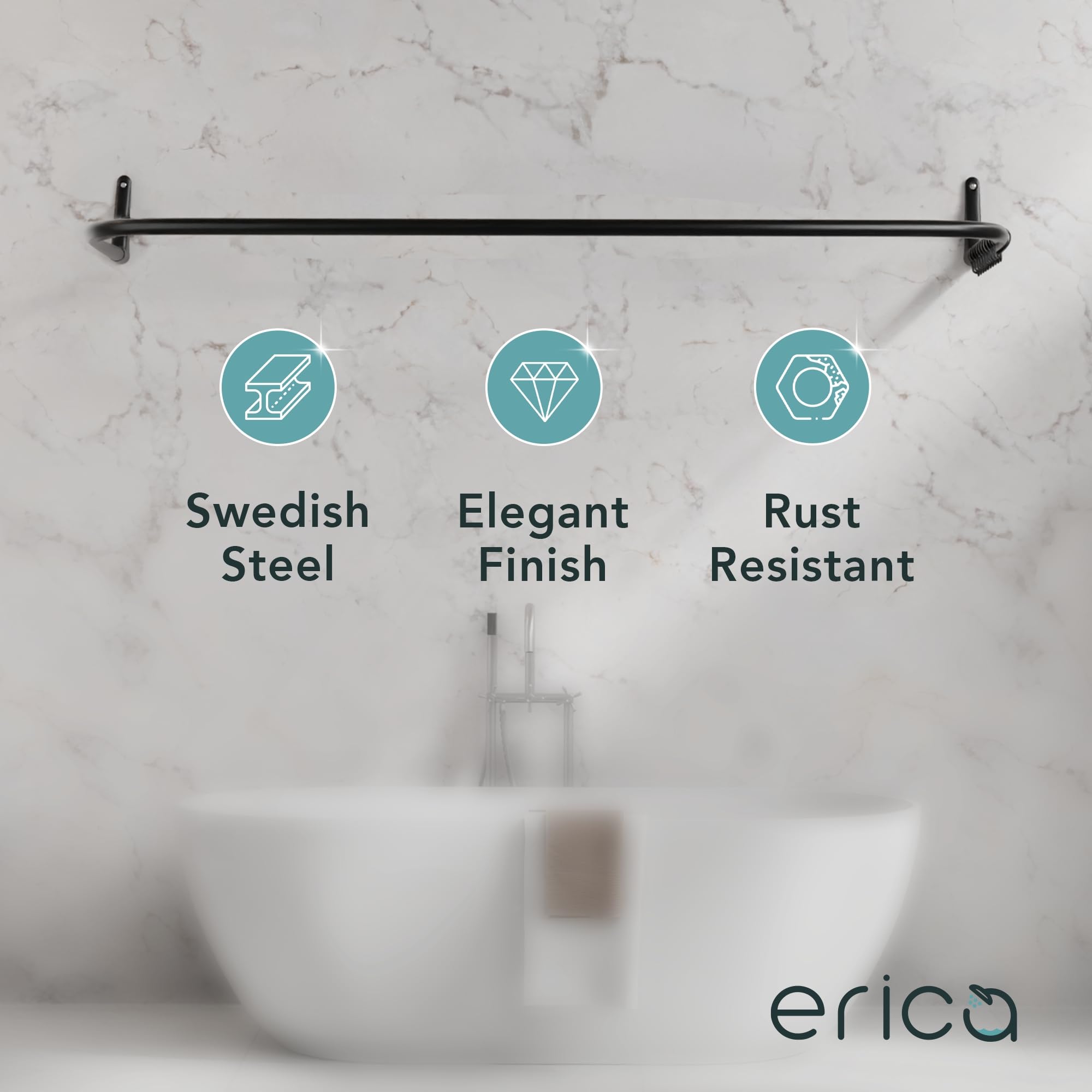 Erica 4 in 1 L & U-Shaped Shower Curtain Rod for Bathtubs, 27.5x65x27.5 Inches, Wall-Mounted Shower Curtain Pole, No Ceiling Support Needed, Curved Shower Rail, Black Powder-Coated Steel 6