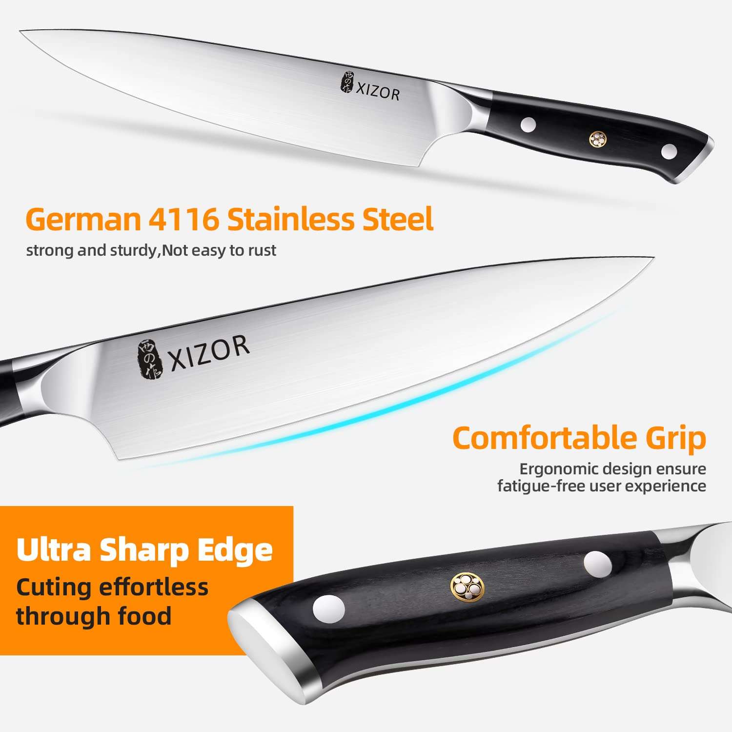 XIZOR 4-Piece Kitchen Knife Set, Includes 8“ Chef knife, 7“ Santoku knife, 6“ Boning Knife, 3.5“ Fruit Knife, Sharp High Carbon German Steel Blade, Full Tang Handle Ergonomic Design 5