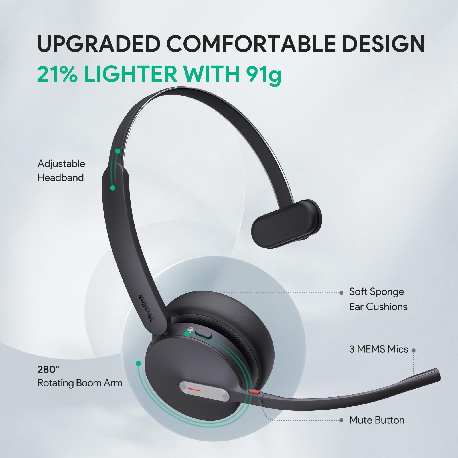 Yealink BH70 Mono UC Wireless Bluetooth Headset with Microphone for Work, up to 35h Talking Battery Life, 3-Mic Noise Cancellation, 91g Lightweight Work Headsets for Open Office, USB-C to A 6