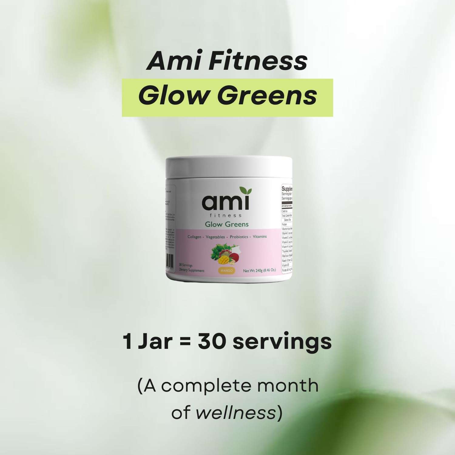 Ami Fitness Glow Greens Powder, Collagen with Probiotics, Vitamins, Digestive Enzymes, Superfoods, Gut Health, Bloating Relief, Radiant Skin, Natural Glow, Spirulina, Juice Mix, 30 SVG, Mango 5