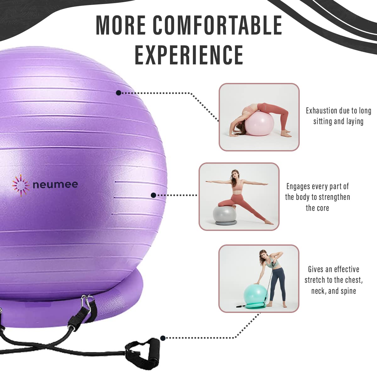 NEUMEE Exercise Ball Chair with Resistance Bands, Yoga Ball Office Chair with Stability Base for Home Gym, Workout Ball for Fitness, Large Size 65 cm (Purple) 4