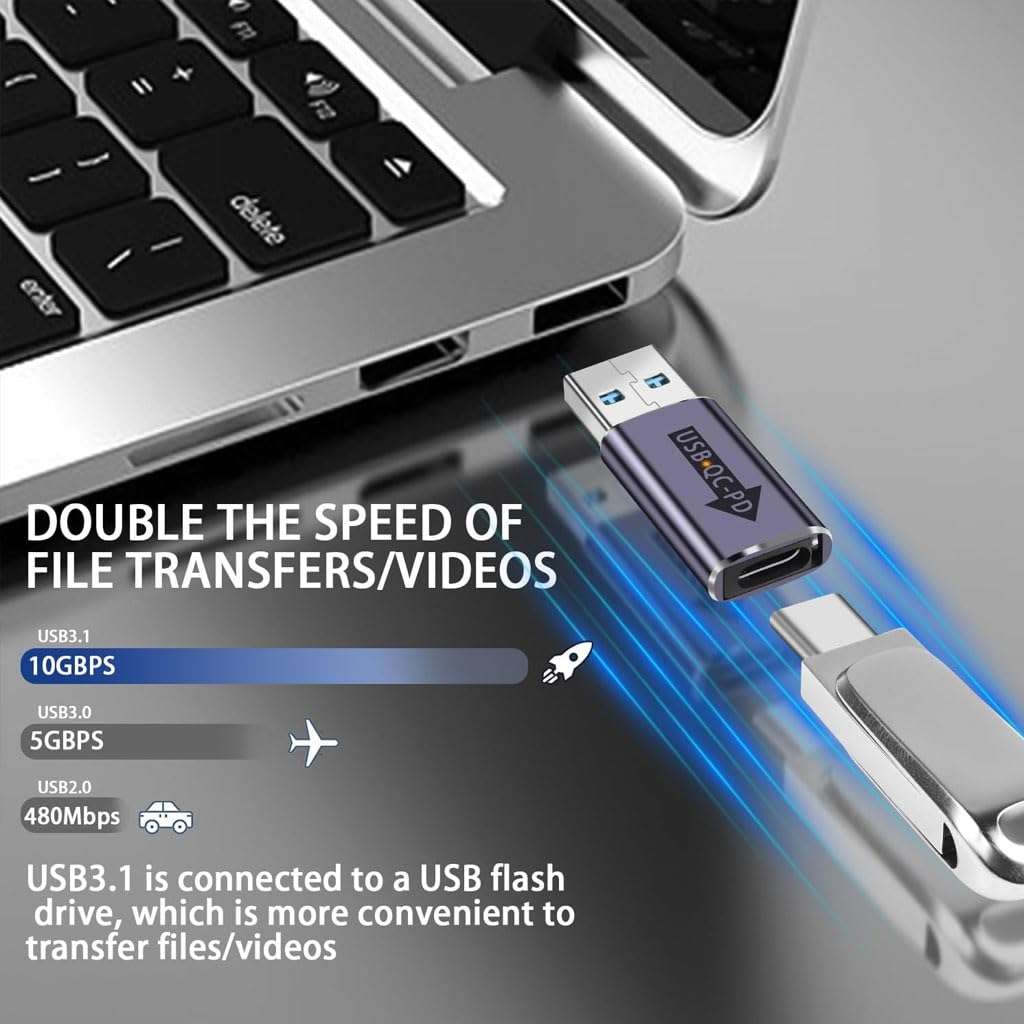 TECPHILE USB A 3.1 to Type C Adapter, USB-A Male QC to Type-C PD,10Gbps High Speed Data Transfer, Dual Indicator Light, PD Fast Charging, Compatible with Laptop, Tablets, Power Banks, Car Chargers 3