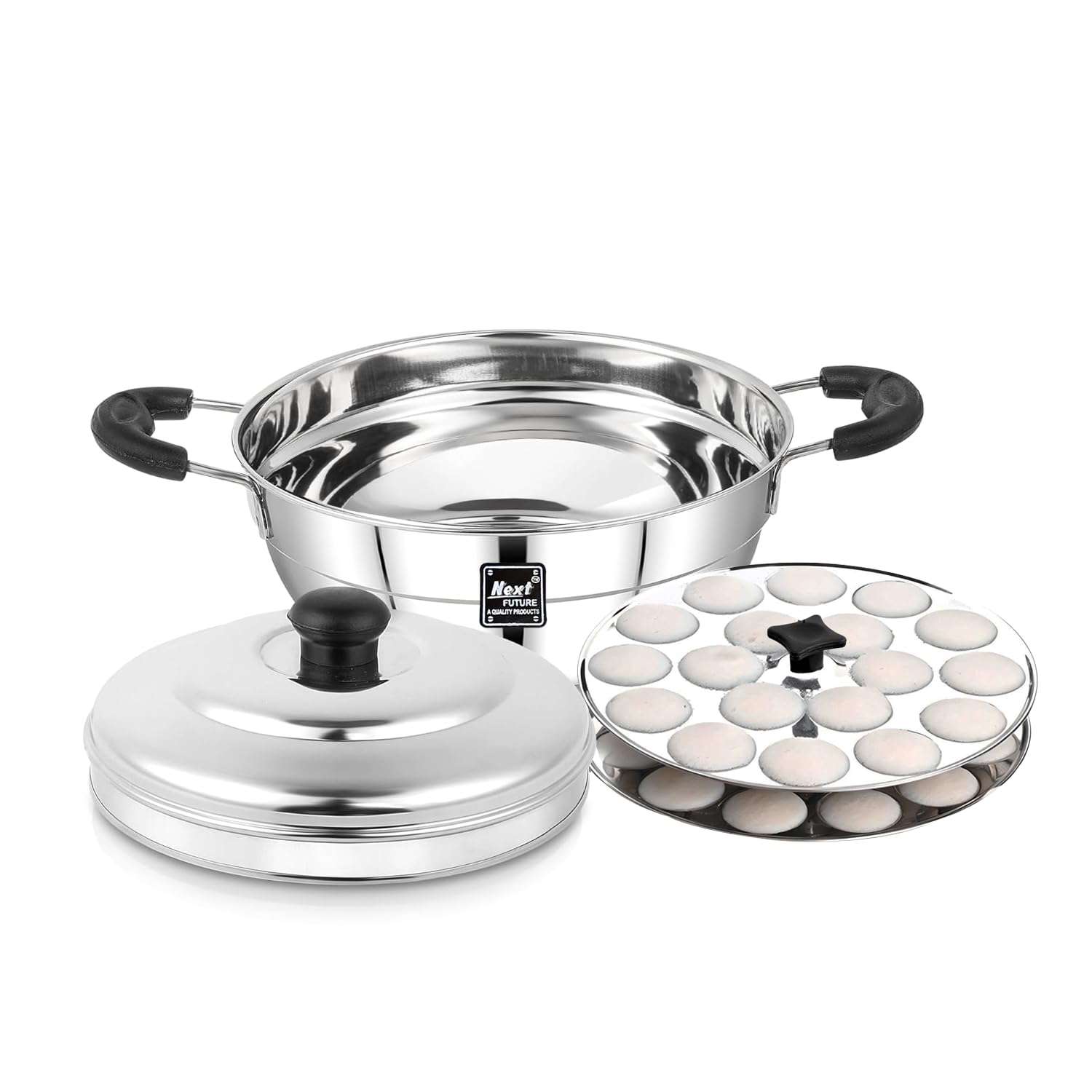 Next Future 5-Star Idli Maker Steel | Mini Idli Steamer Stainless Steel | Button Idli Maker Multipurpose Steel Kadai with 2 Plates (36 Button Idlies) 1