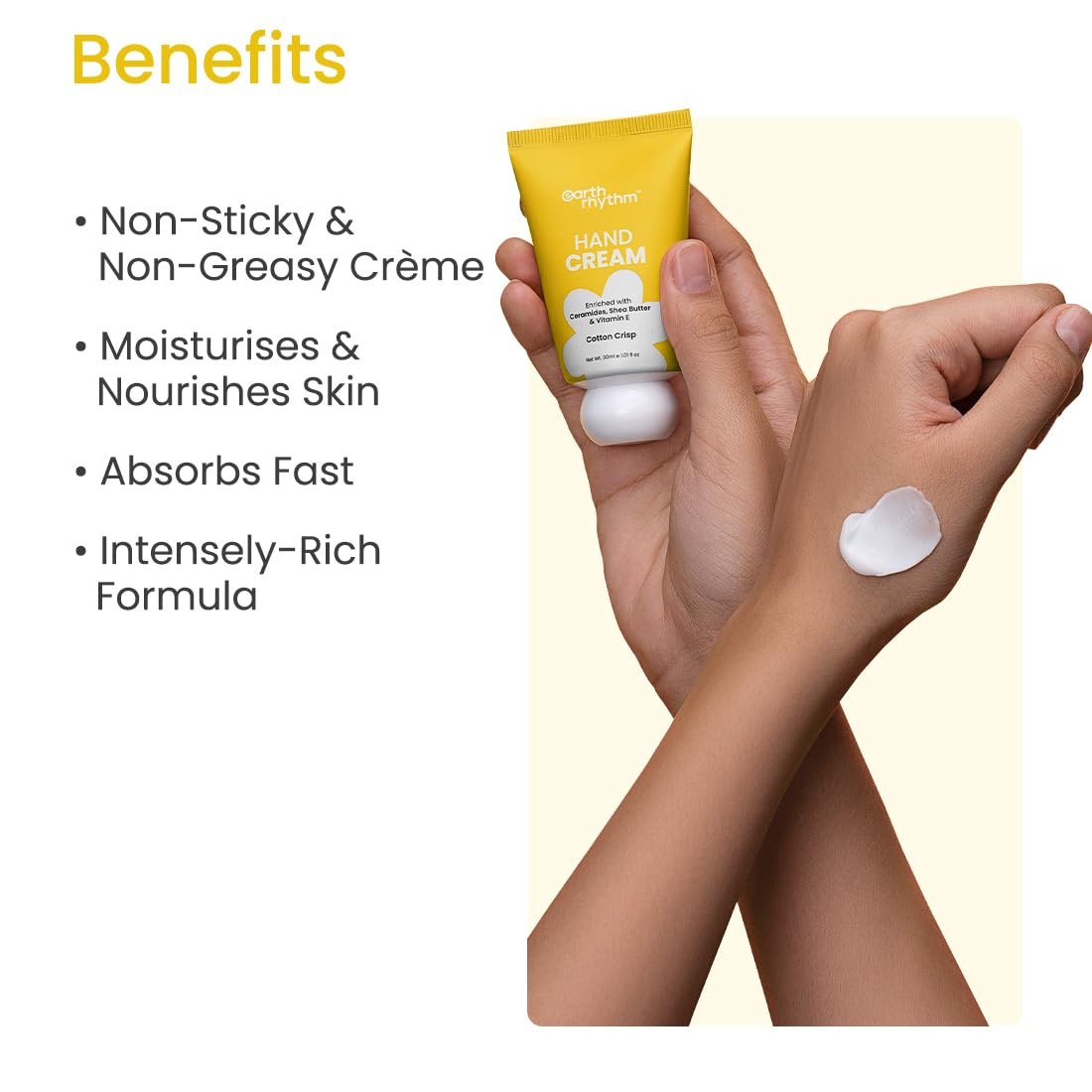 Earth Rhythm Hand Cream - Cotton Crisp for Dry & Rough Hands, Intense Moisturization Non Greasy, Fast Absorbing, Moisturizes, Enriched with Ceramides, Shea Butter, Cacao Seed Butter for Men & Women - 30ml 5