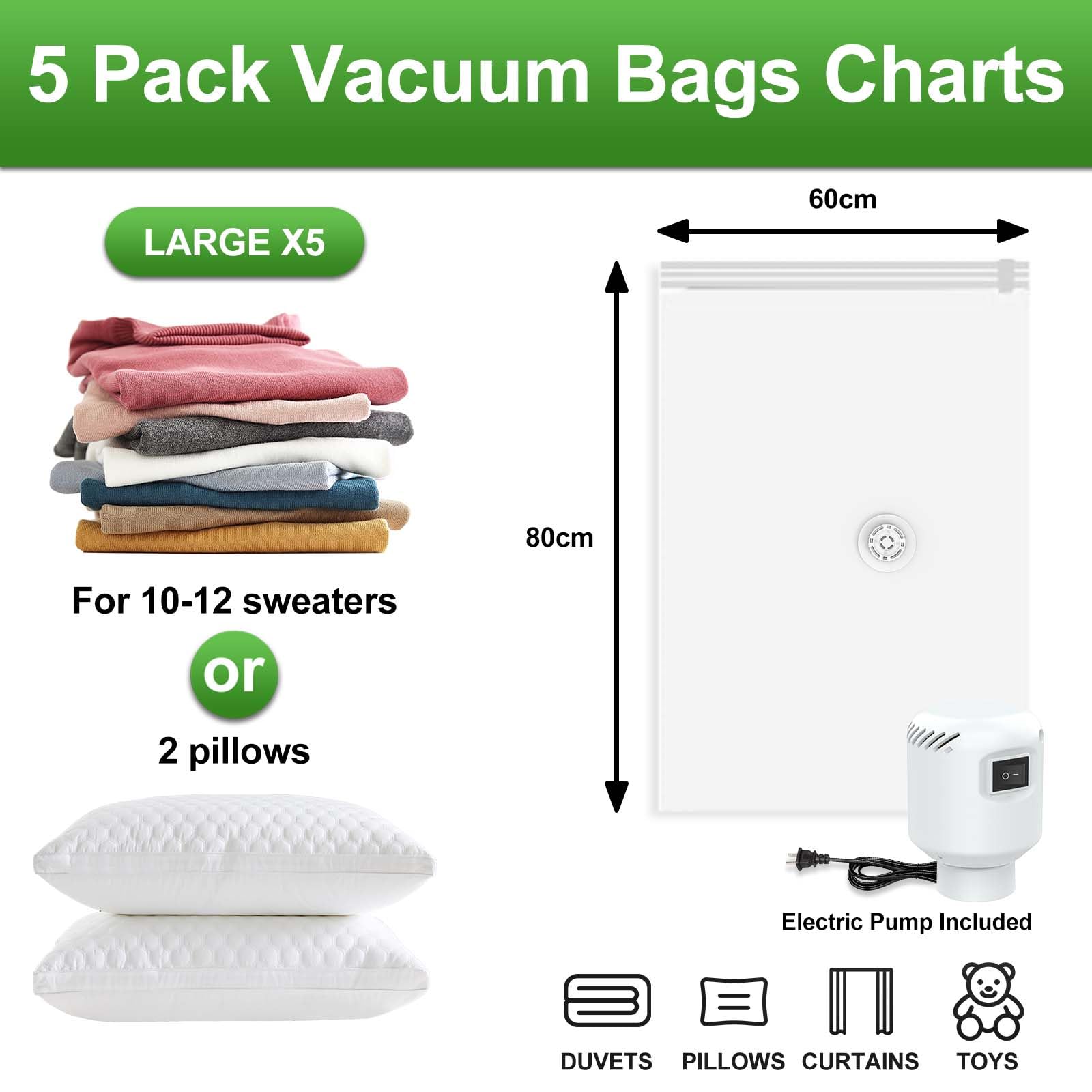 ZXA Vacuum Storage Bags with Electric Air Pump, 5 Pack Large 32''x 24'' Vacuum Seal Bags for Clothing, Space Saver Vacuum Storage Bags for Blanket, Duvets, Pillows, Comforters - White 5