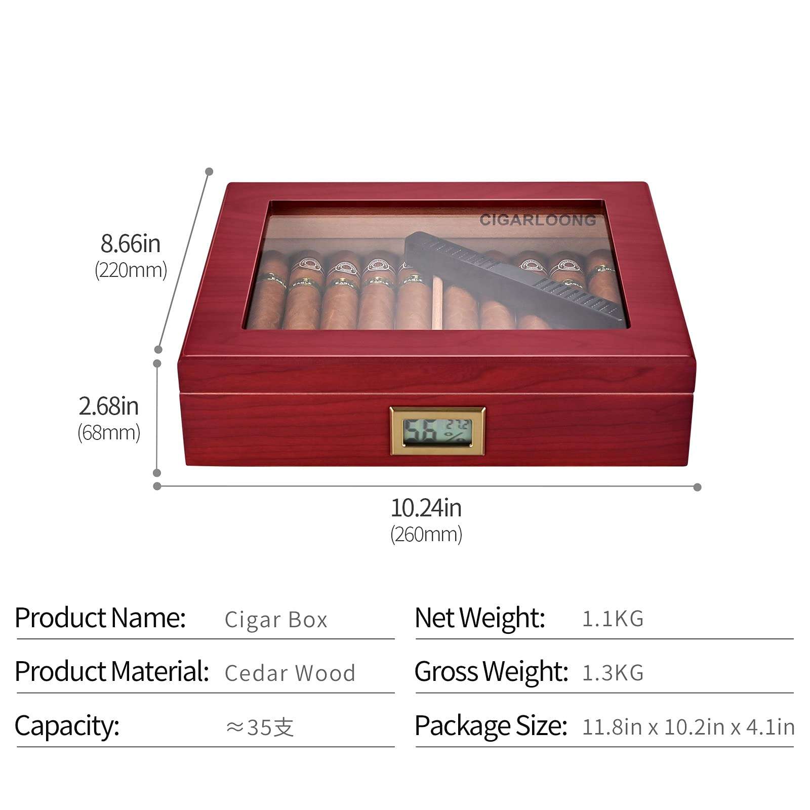CIGARLOONG Cigar Humidor Cedar Wood Classic Cigar Box with Digital Hygrometer and Humidifier Holds 20-35 Cigars(Color:Cherry) 6