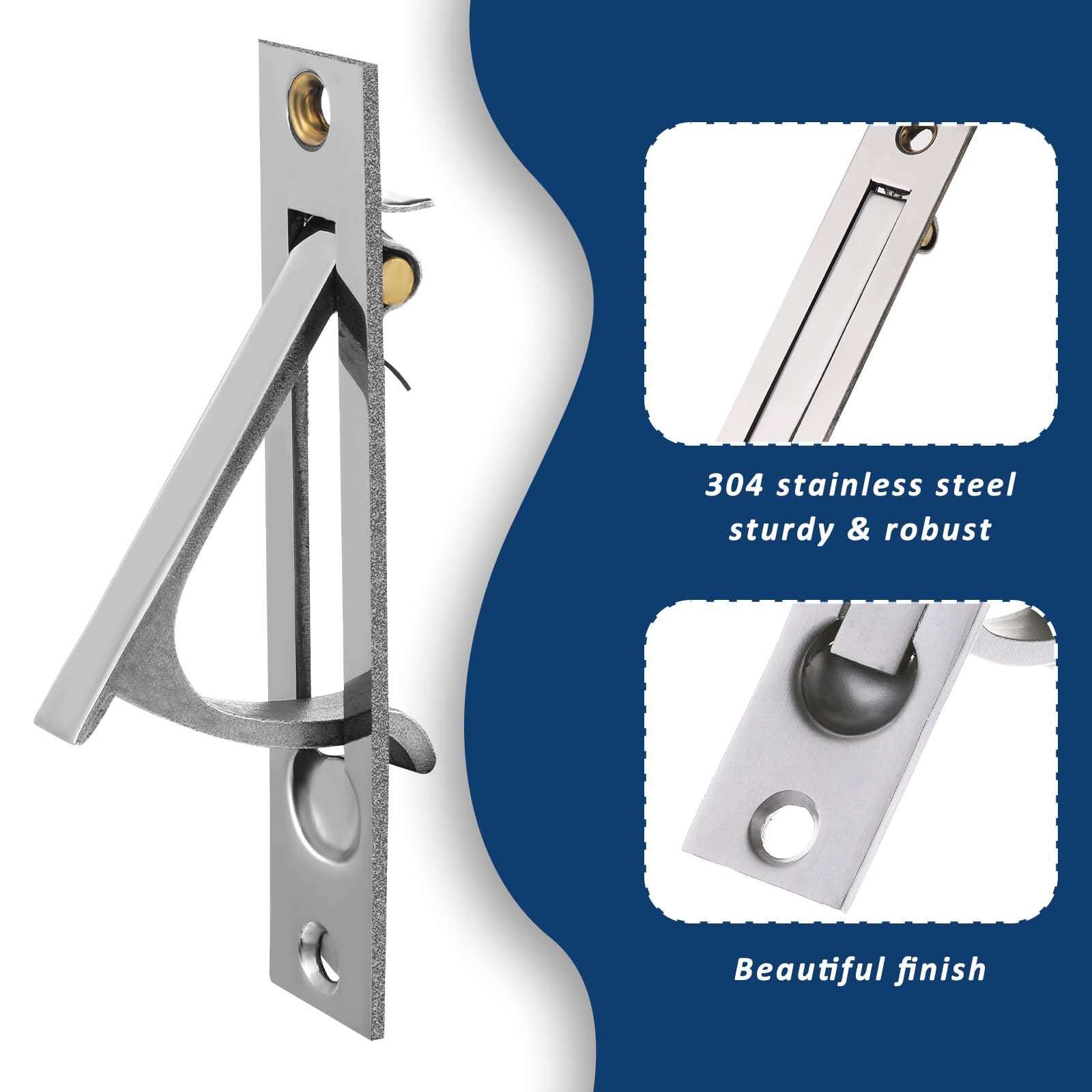 Pocket Door Edge Pull, 1 Set Solid Stainless Steel Pocket Door Latch Lock Handles Flush Mount Pocket Door Hardware with Mounting Screws Hidden Door Accessories for Sliding Door - Silver 3