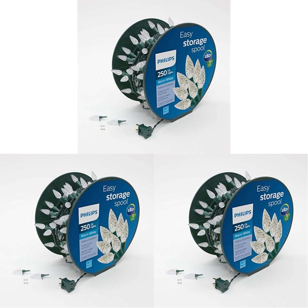 Philips 250 LED Warm White Faceted C6 Christmas Lights on Green Wire with Storage Spool - UL Listed for Indoor/Outdoor Use - 64.33' Total Length with 4" Bulb Spacing - String Lights for Christmas Tree 1