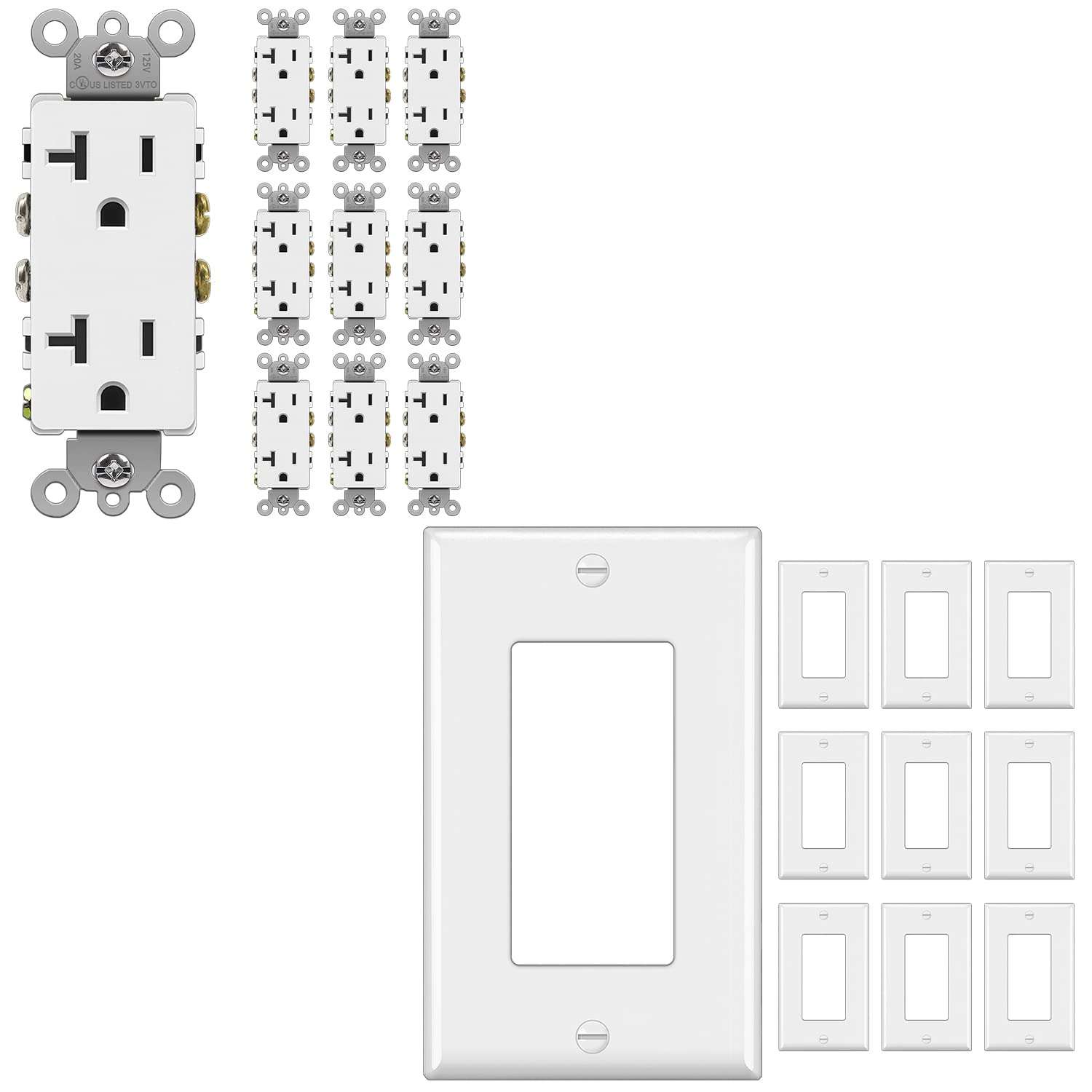 [10 Pack] BESTTEN 20 Amp Decorator Wall Receptacle Outlet with Mid Size Decorator Wall Plate, Non-Tamper-Resistant, 20A/125V/2500W, Residential and Commercial Use, UL Listed, White 1