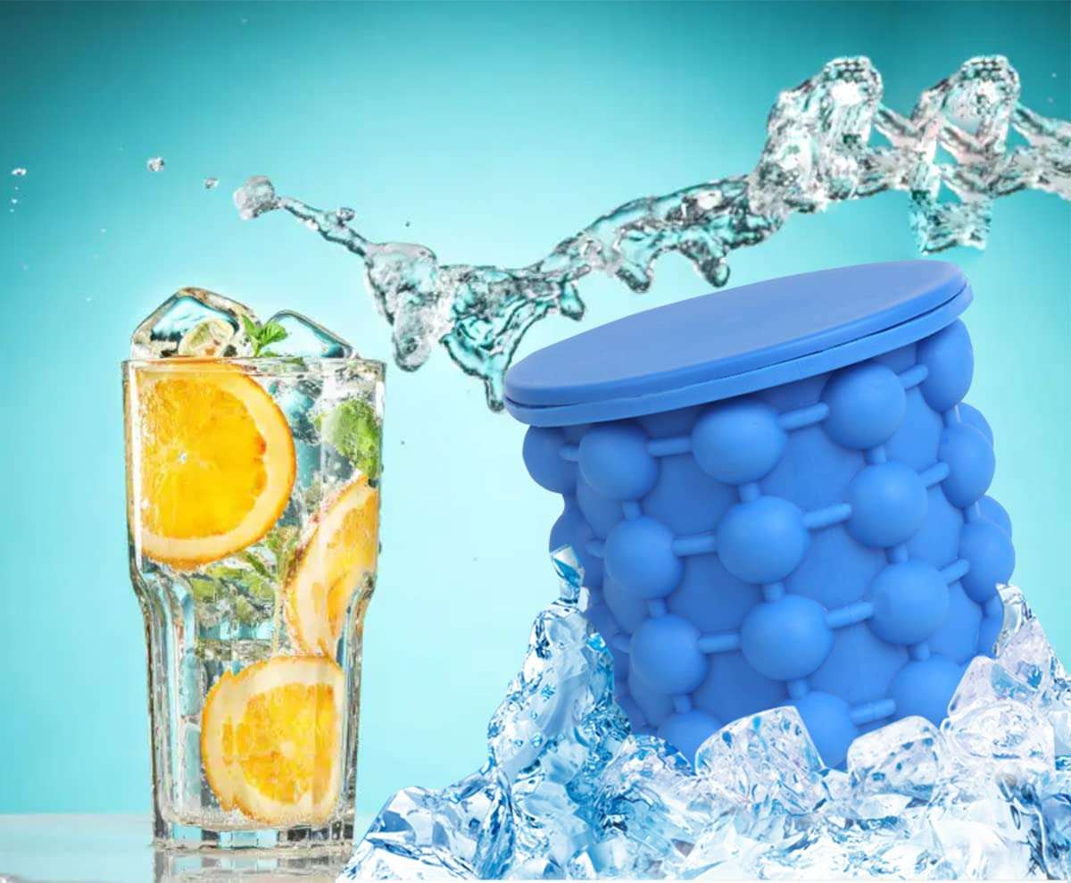2 in 1 Silicone Ice Bucket and Ice Mold with Lid for Freezing Whiskey, Cocktails, Drinks, Portable Silicone Ice Maker (Blue) 3