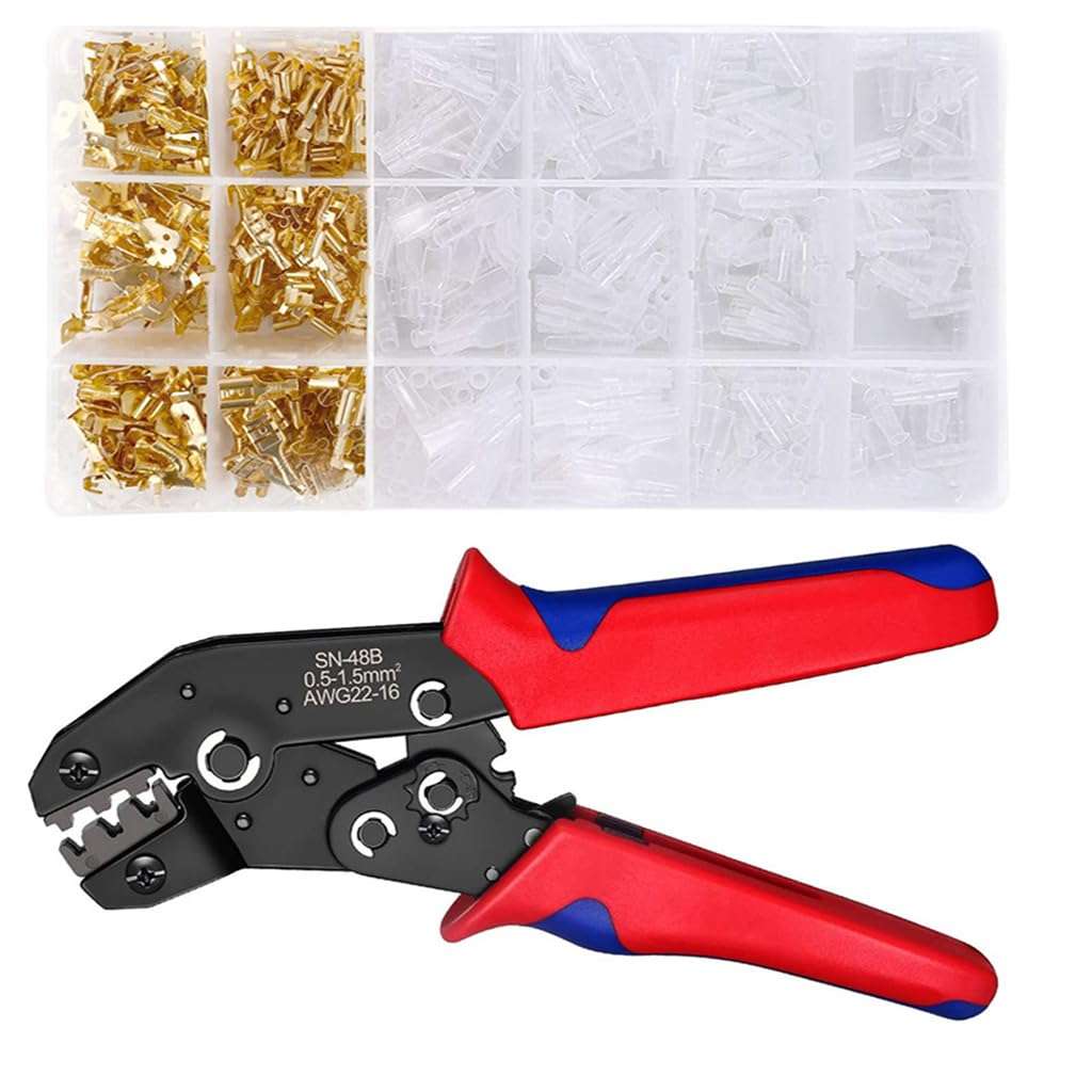 Serplex® Crimping Tool Kit, Adjustable Ratcheting Crimper Pliers with 600 Spade Connectors, Alloy Steel, AWG 22-16, for Home, Auto, and Audio Systems, 300 Wire Crimp Terminals and Sleeves 1