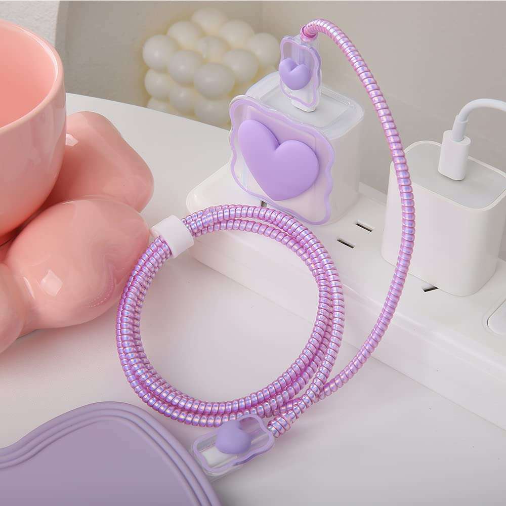 QLD COVER Compatible with iPhone 18W/20W USB-C Charger Cover Lovely 3D Love Heart Waves Clear Soft Charger Protector Cute Cable Saver for iPhone 11 12 13 14 Pro Max Fast Power Adapter, Purple 1 (5in1) 4