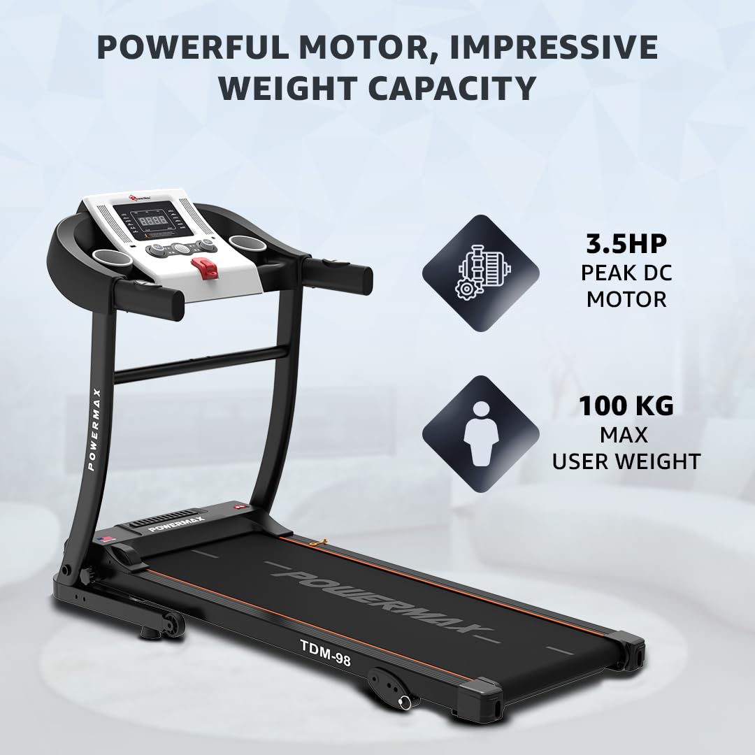 PowerMax Fitness TDM-98 (4.0HP Peak) Foldable Motorized Treadmill for Home 100 kg Weight, Max Speed-10kmph, Preset Programs, HR Sensors, AUX with Volume +/- keys for Inbuilt Speaker, USB, LED Display 3