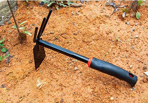 Yima Gardening Hand Tool Metal Head Hoe with 3 Teeth Rake Carbon Steel Blade Heavy Duty for loosening Soil, Weeding and Digging Rust Proof 4