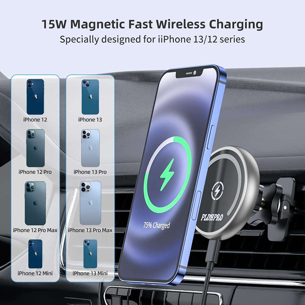 Magnetic Wireless Car Charger for iPhone 13/13 Pro/ 13 Pro Max/ 13 Mini/iPhone 12/12 Pro/ 12 Pro Max/12 Mini,MagSafe Case 15W Fast Charging, Car Windshield Dashboard Air Vent Car Phone Holder 2