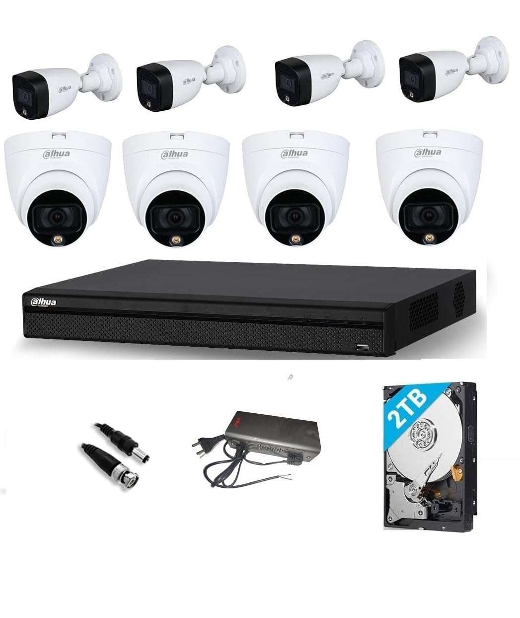 Dahua 5MP Full HD Colour Vision in Night with Audio 8 Camera Set(8 CH DVR,Indoor Built in Audio Dome Camera-4Nos,Outdoor Built in Audio Bullete Camera-4Nos,2TB Hard Disk,8CH SMPs,Connectors) 1