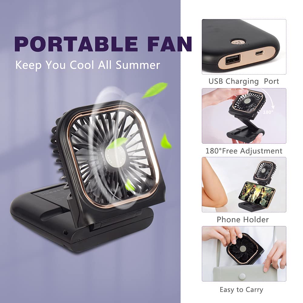 Portable Mini Fan Small Battery Operated Fan 5 in 1 as Power Bank,Phone Holder,Handheld Fan,Desk Fan, USB Rechargeable Personal Hand Fans,3000 mAh Power Bank,3 Speed Adjustable, Neck lanyard, Black 3