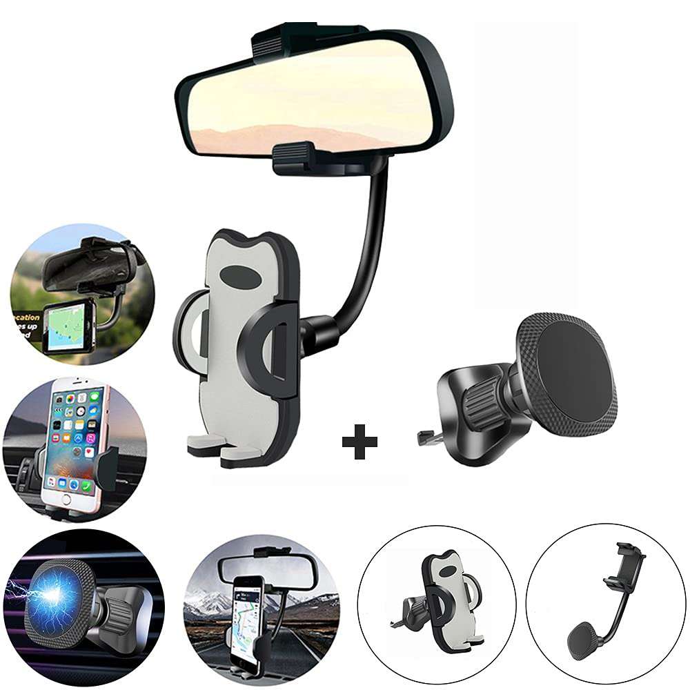 MAOBLOG Rear View Mirror Holder Cell Phone Magnetic Car Mount 2 Pieces Clip and Magnet Air Vent Cradle Free Combination Adjustable Mount Stand for iPhone 12/11/X Max/XR/X,Samsung Galaxy S10/S9/S8 Etc. 3