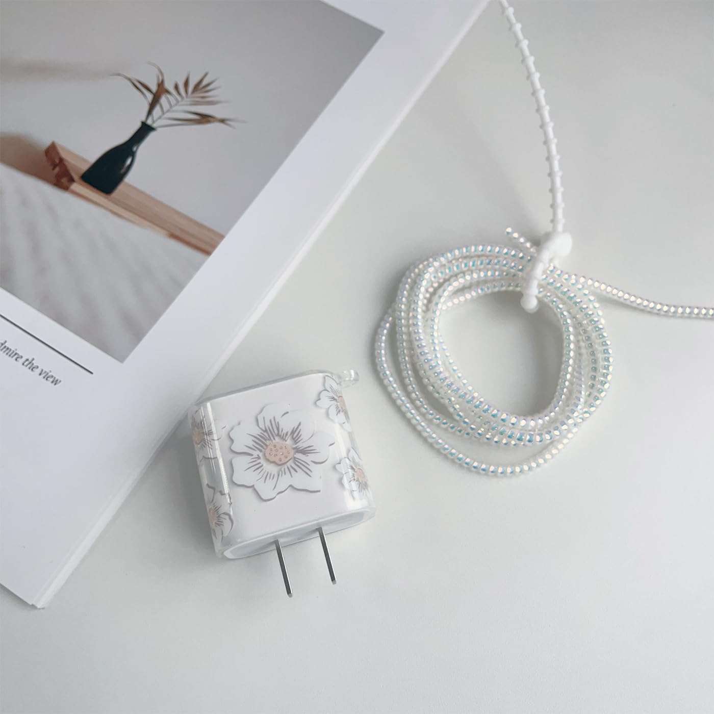 Faneiy for Apple 20W USB-C Power Adapter Charger Protective Case with USB Lightning Cable Cover,Cute Women Flower Floral Data Cable Phone Charger Data Line Earphone Wire Protector,White 4