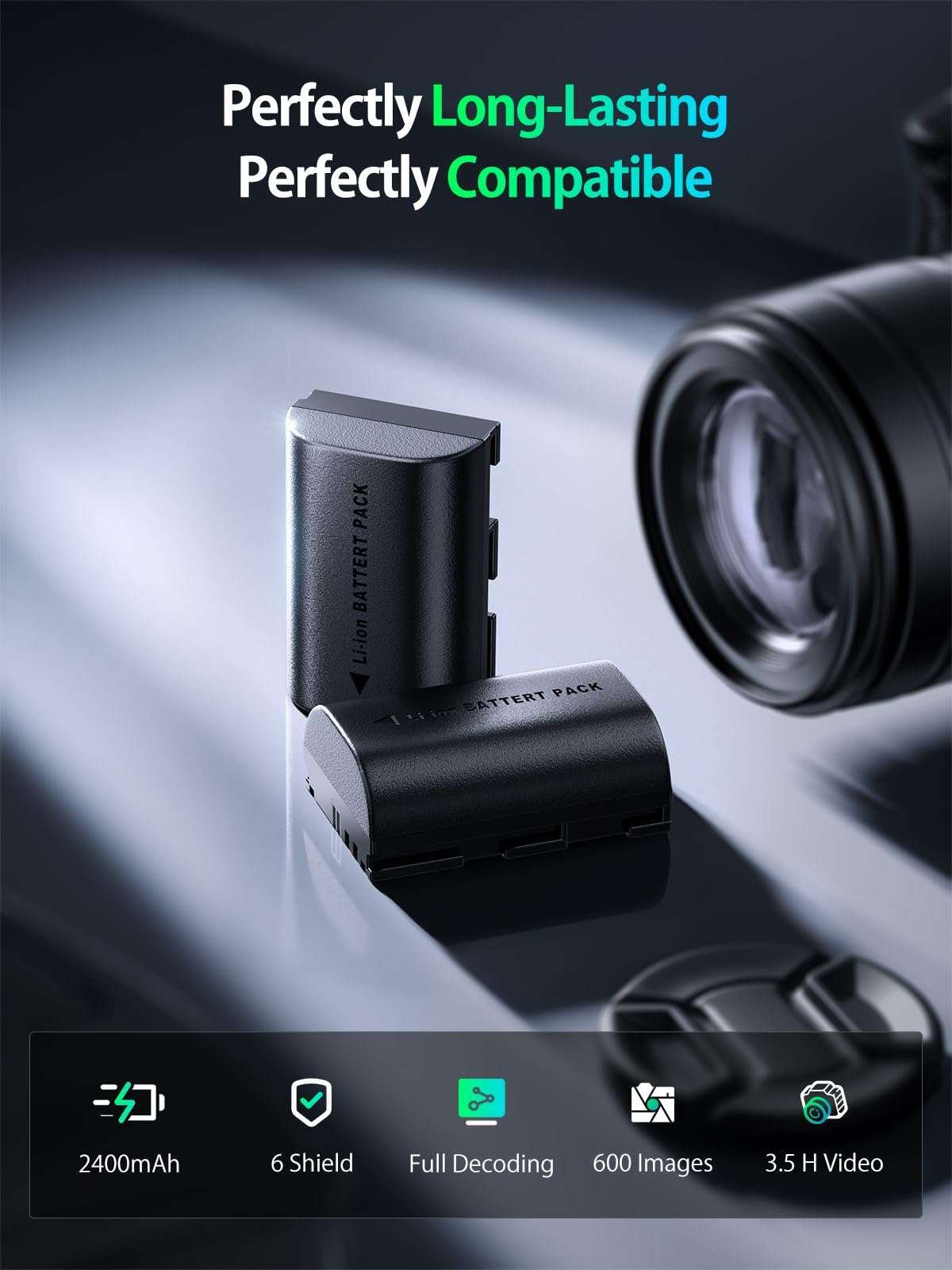 2 Pack LP-E6NH Batteries and 2-in-1 Dual Fast Camera Charger for Canon EOS R5,R5 C R6 Mark II, 5D 6D 7D Mark II III IV, 5DS, 60D, 70, 80, 90D, 12400mAh Built-in Power Bank, 20W USB C, Digital Display 5