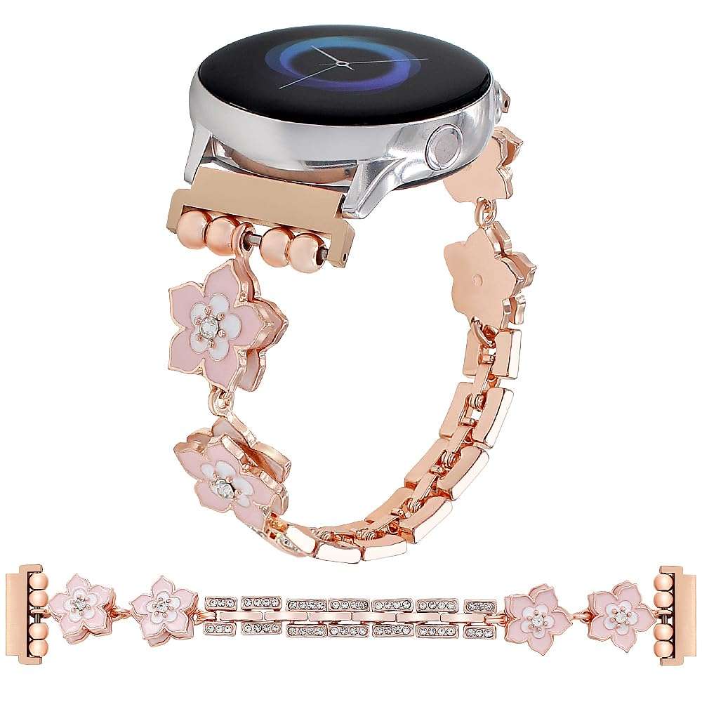 YONWORTH Rotatable Flower Band Compatible with Samsung Galaxy Watch 7 FE 6 5 4 40/44mm,Galaxy Watch 5 Pro 45mm,Watch 6 4 Classic,Bling Chain Stress Relief Sakura Wristband Women 20mm (Pink Rose Gold) 5